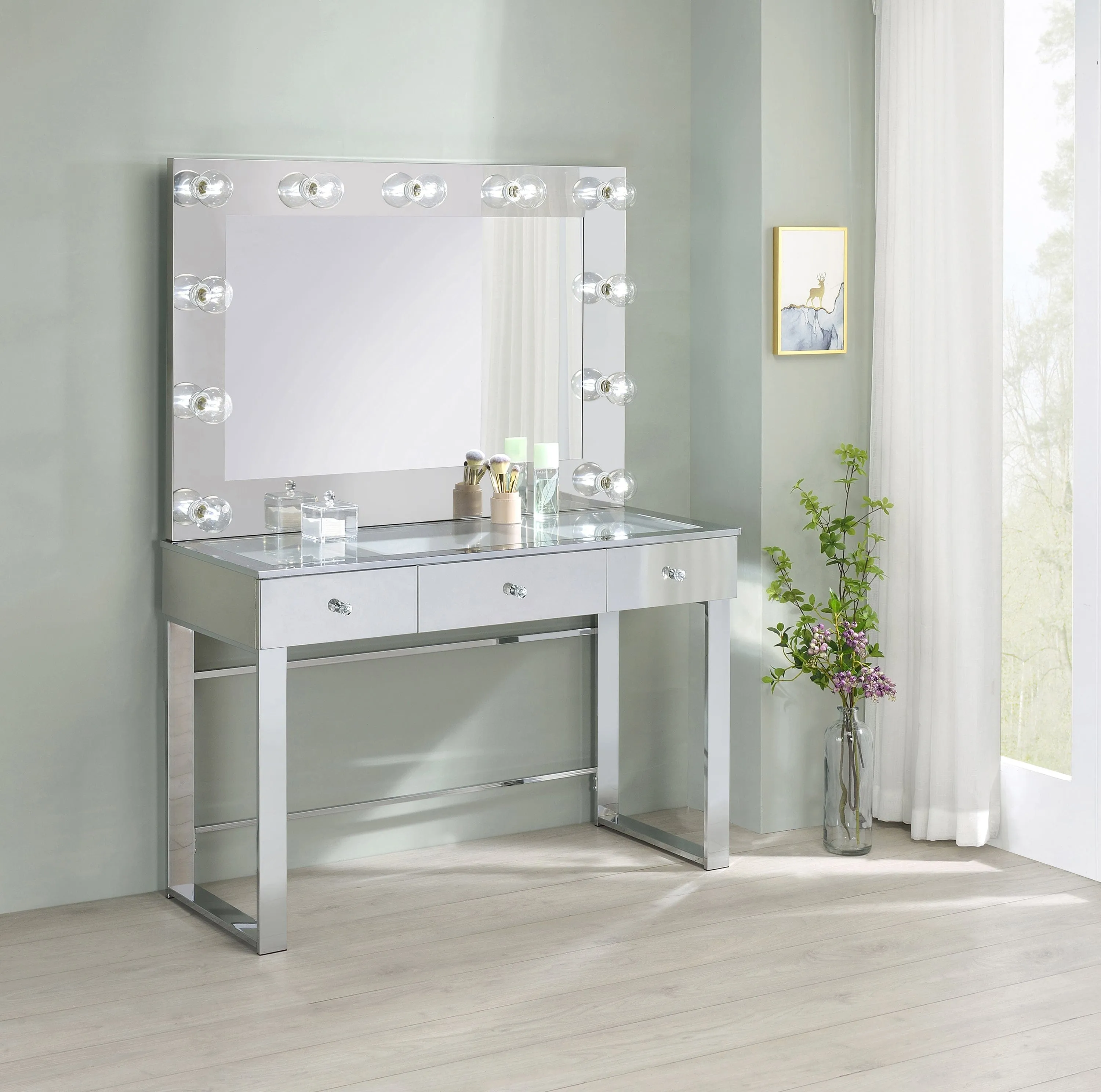 3-Drawer Vanity With Lighting Chrome And White with a Hollywood regency flair, this modern vanity set features a stunning mirror paneled design that reflects surrounding hues- 935934