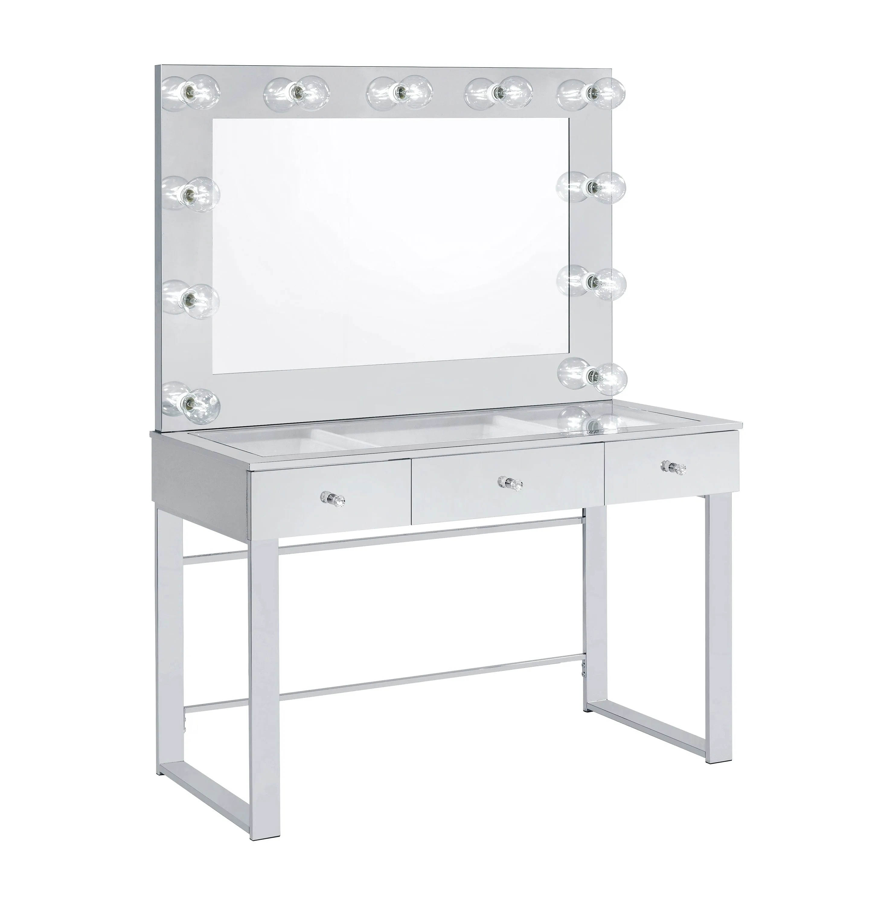 3-Drawer Vanity With Lighting Chrome And White with a Hollywood regency flair, this modern vanity set features a stunning mirror paneled design that reflects surrounding hues- 935934