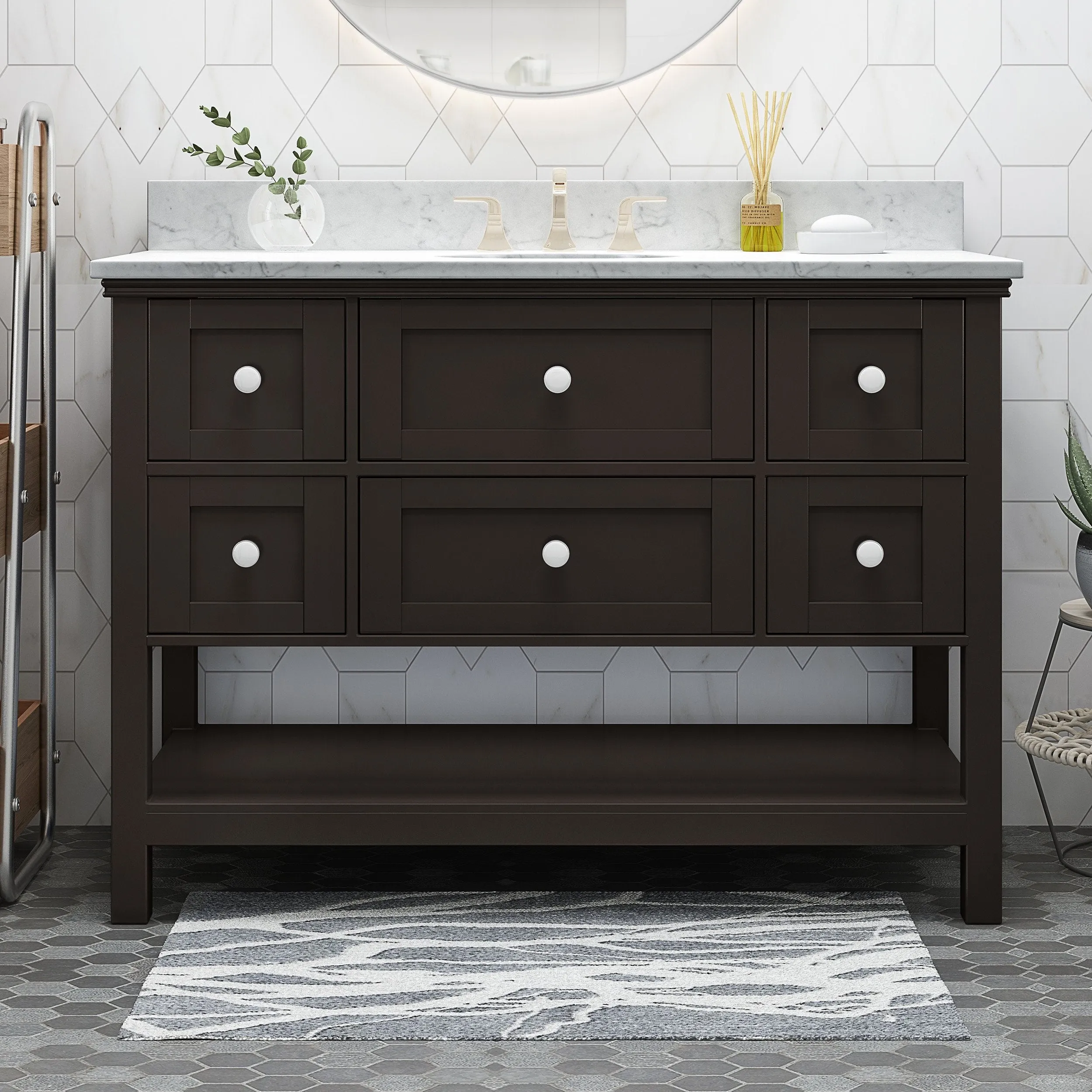 48" Wood Single Sink Bathroom Vanity with Marble Counter Top with Carrara White Marble - NH688703