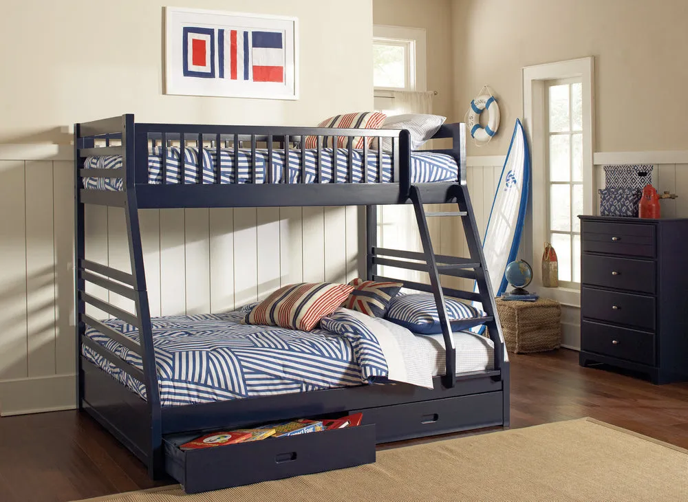 Ashton Navy Blue Wood Twin/Full Bunk Bed with 2 Drawers