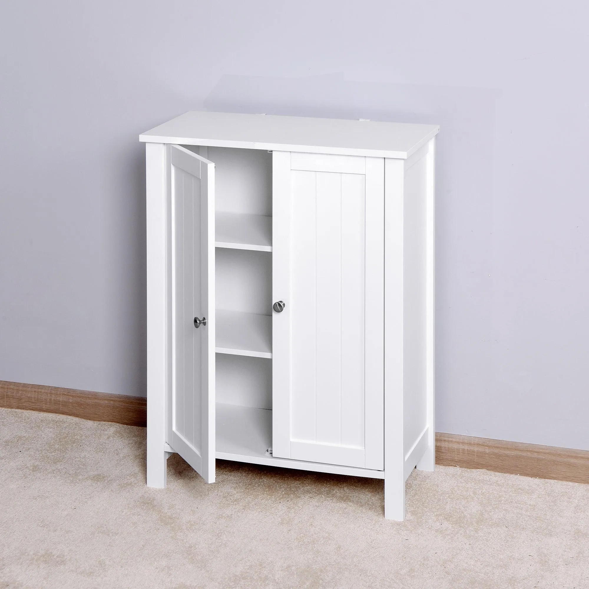 Bathroom Floor Storage Cabinet with Double Door Adjustable Shelf, White