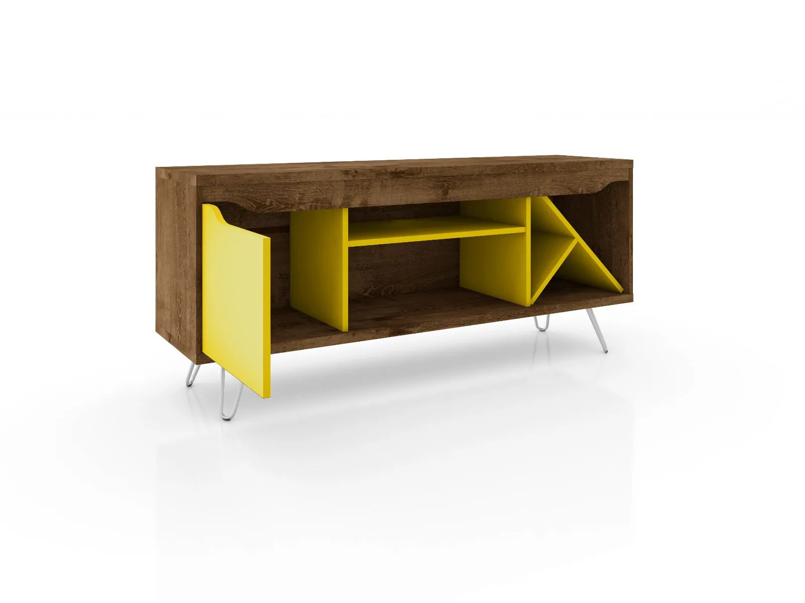 Baxter Mid-Century- Modern 53.54" TV Stand with Wine Rack in Rustic Brown and Yellow