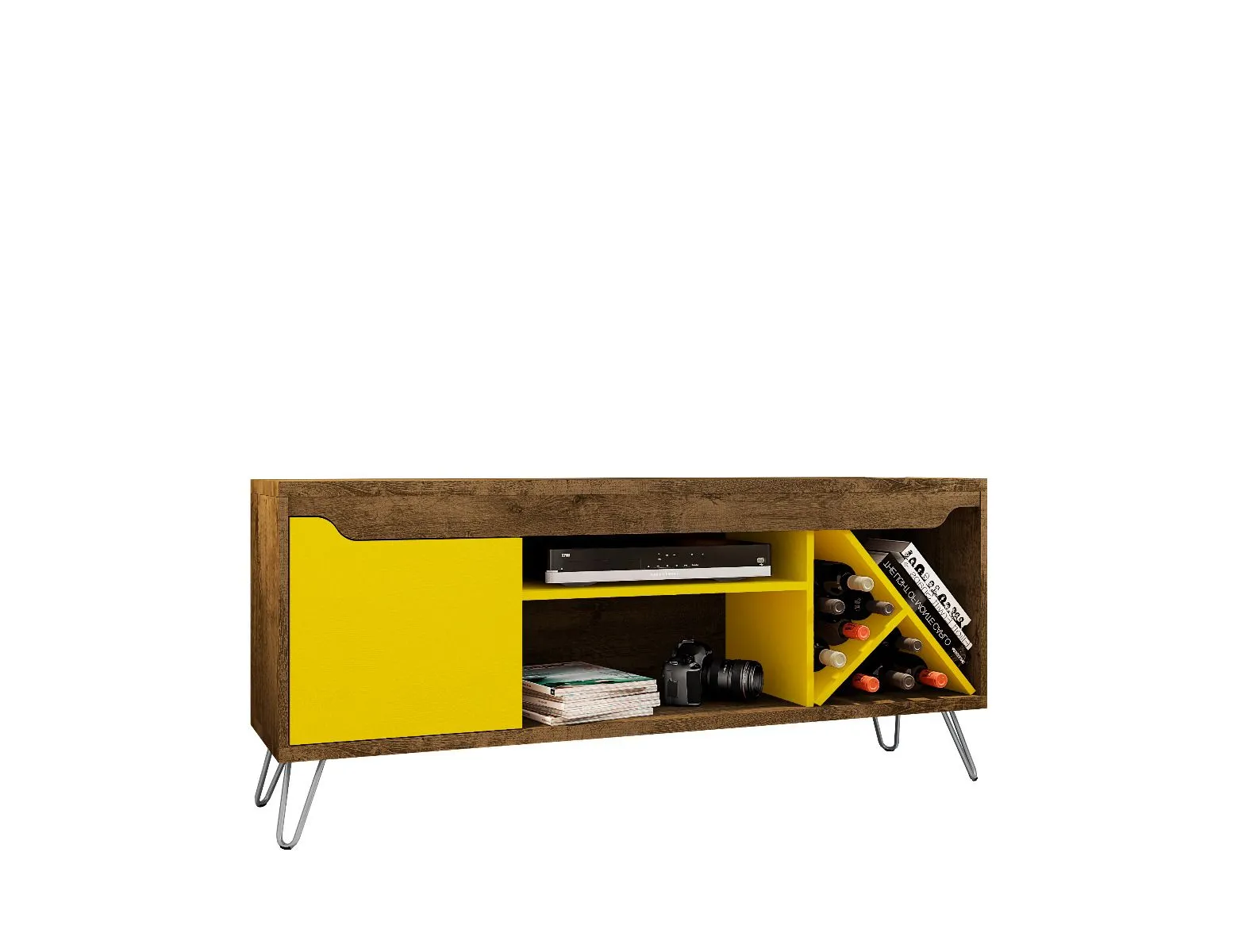 Baxter Mid-Century- Modern 53.54" TV Stand with Wine Rack in Rustic Brown and Yellow