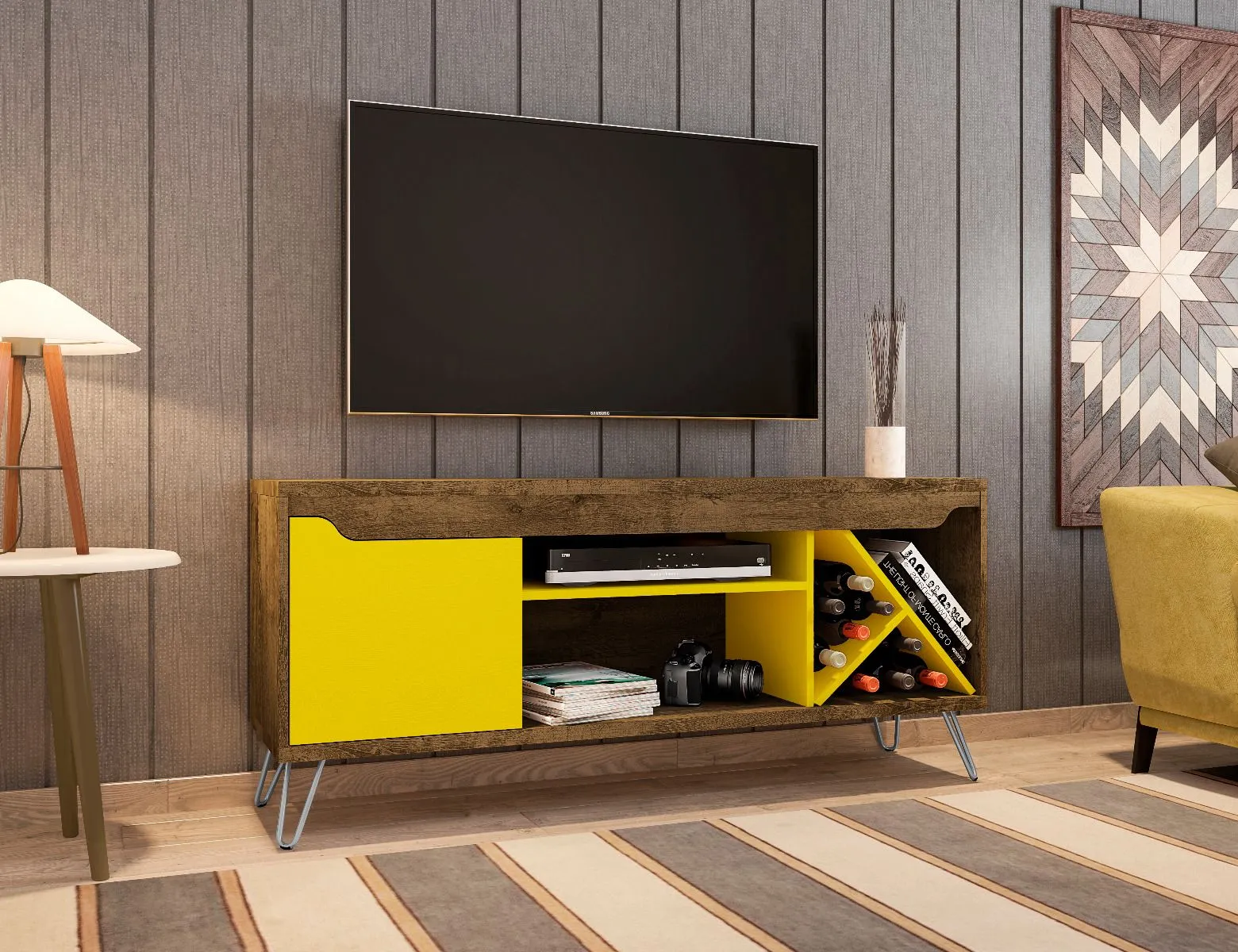 Baxter Mid-Century- Modern 53.54" TV Stand with Wine Rack in Rustic Brown and Yellow