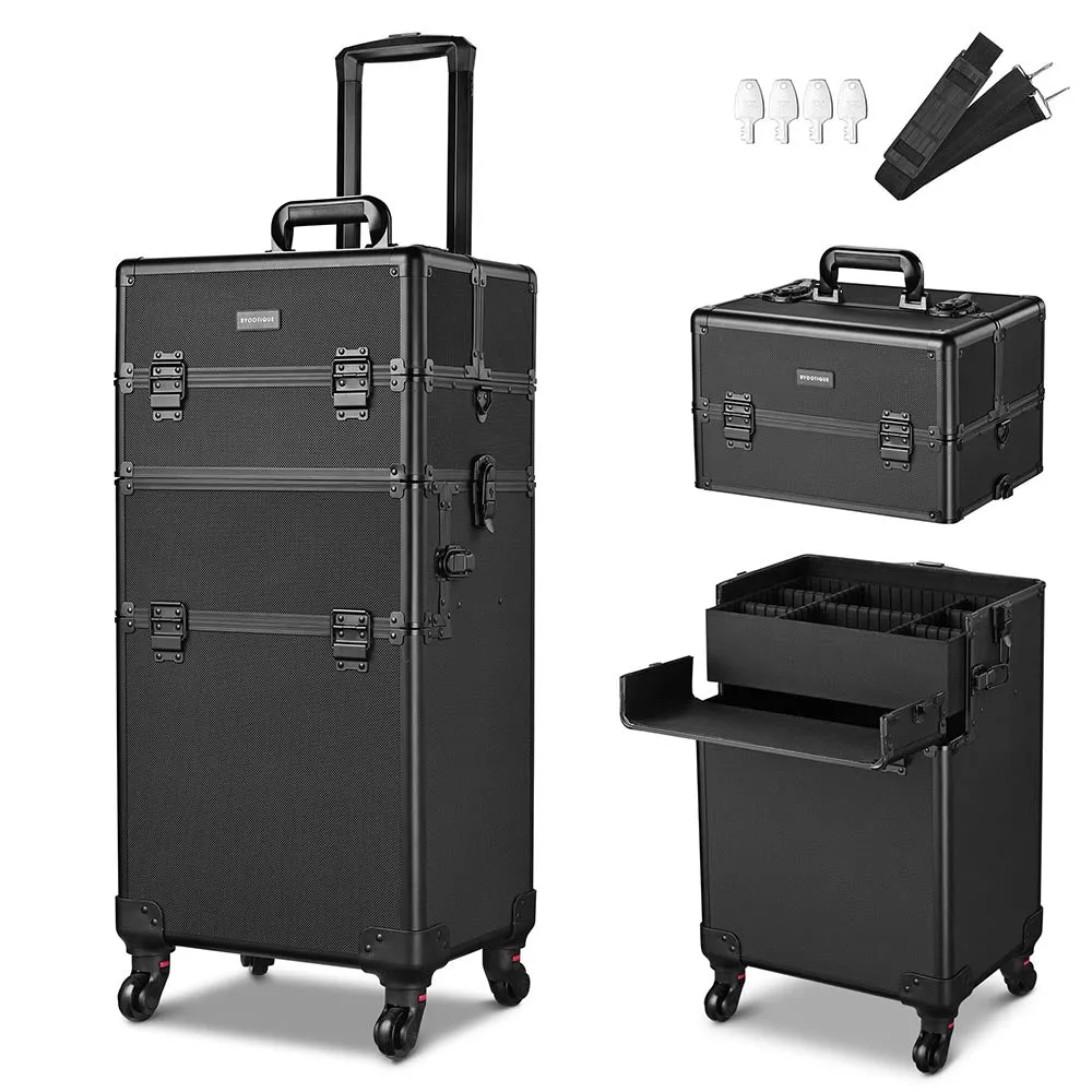 Byootique 2in1 Rolling Makeup Artist Case Lockable 4-Wheel Black