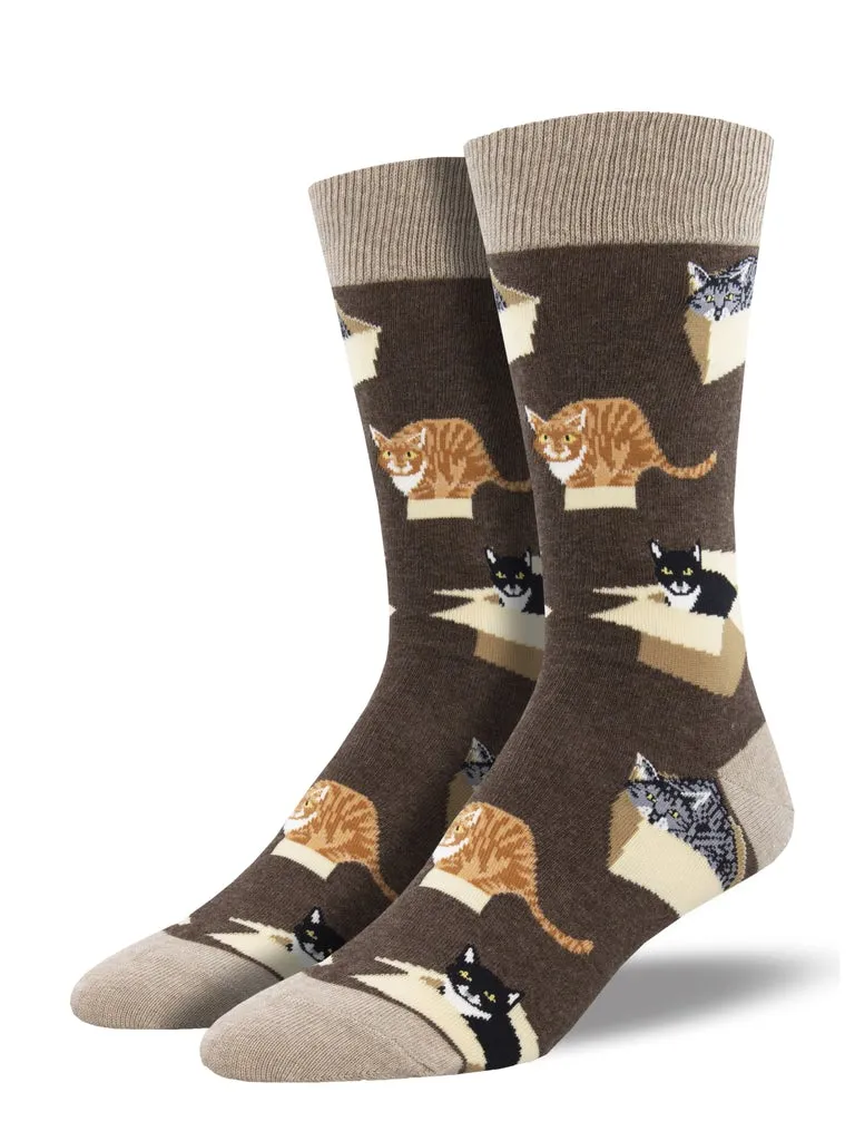 Cat In A Box (Brown) Men's Crew Socks