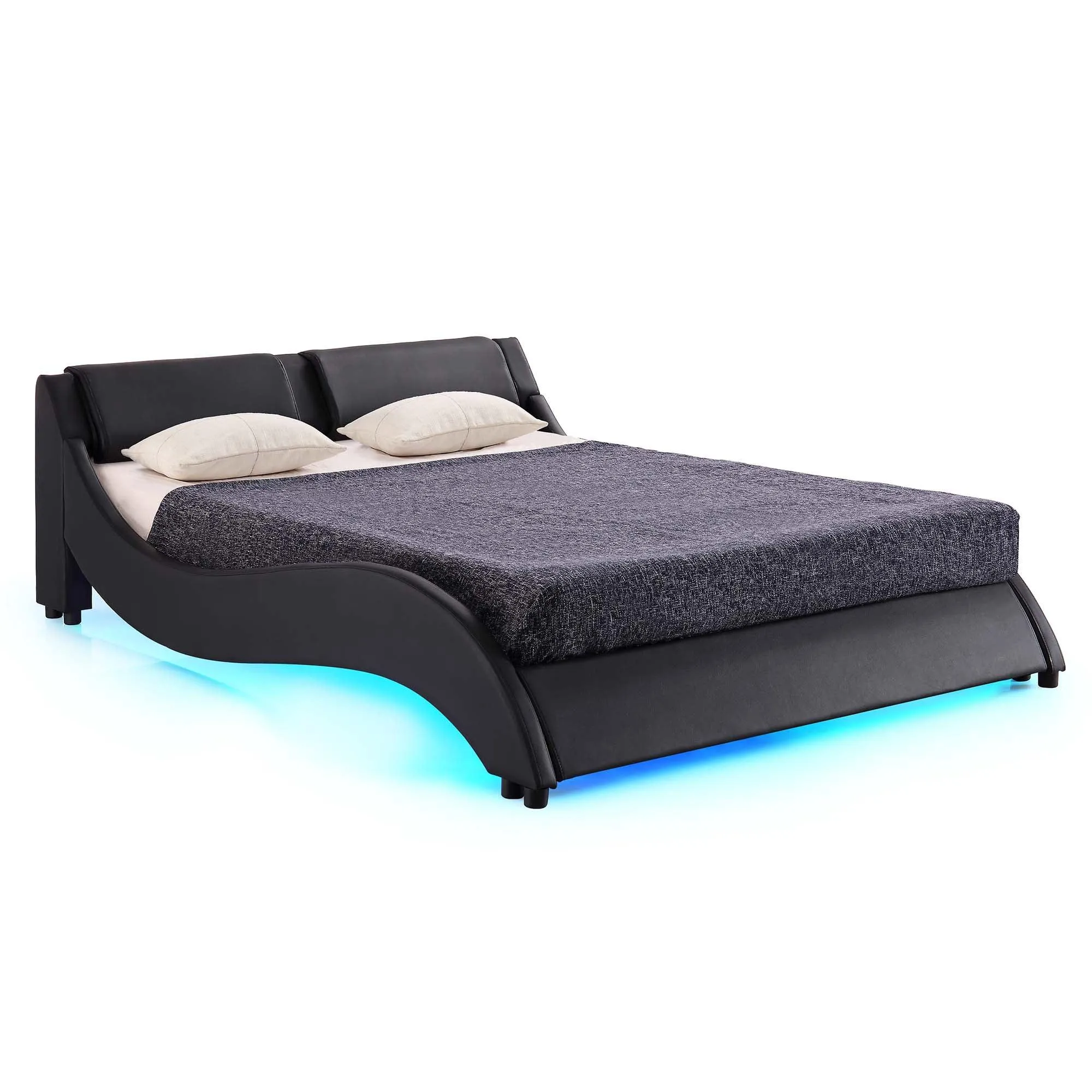 CORVUS Faux Leather Upholstered Bed Frame with Underbed LED Lights, Black