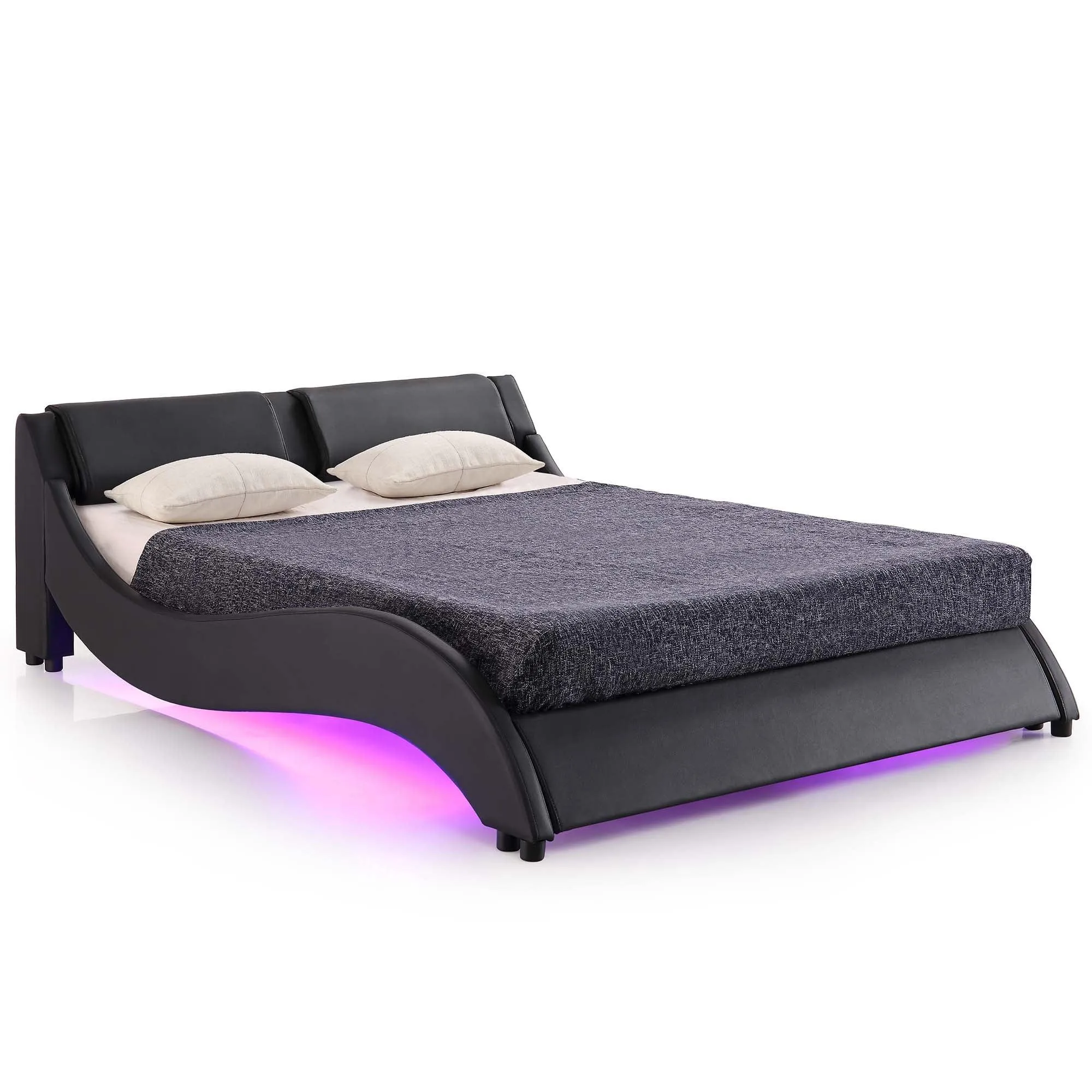 CORVUS Faux Leather Upholstered Bed Frame with Underbed LED Lights, Black