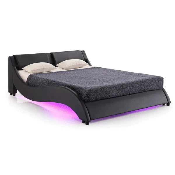 CORVUS Faux Leather Upholstered Bed Frame with Underbed LED Lights, Black