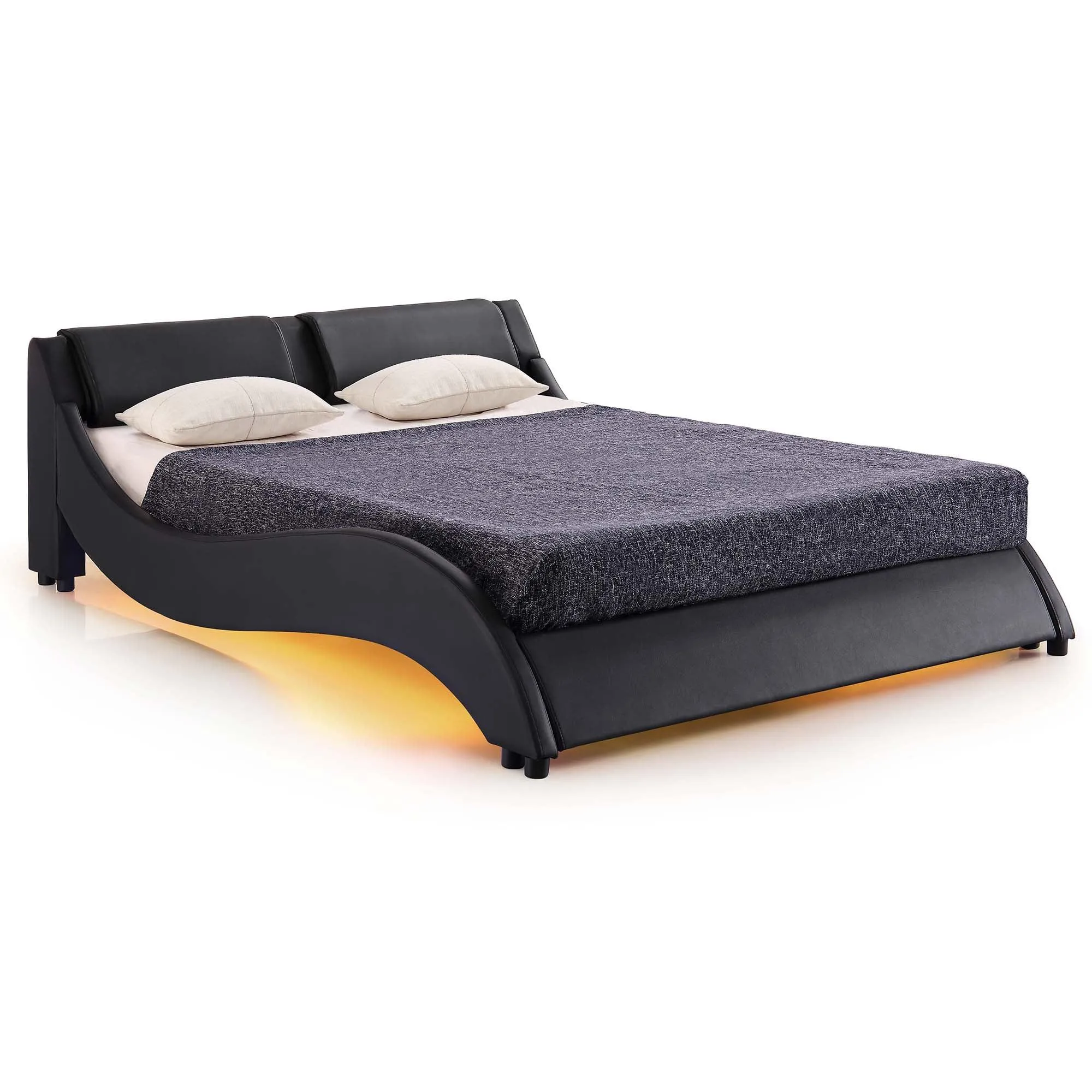 CORVUS Faux Leather Upholstered Bed Frame with Underbed LED Lights, Black