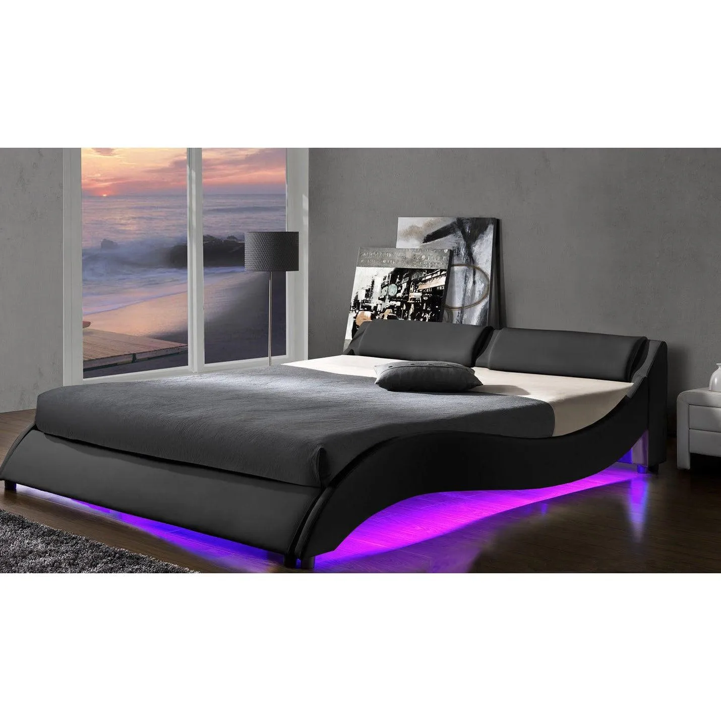 CORVUS Faux Leather Upholstered Bed Frame with Underbed LED Lights, Black