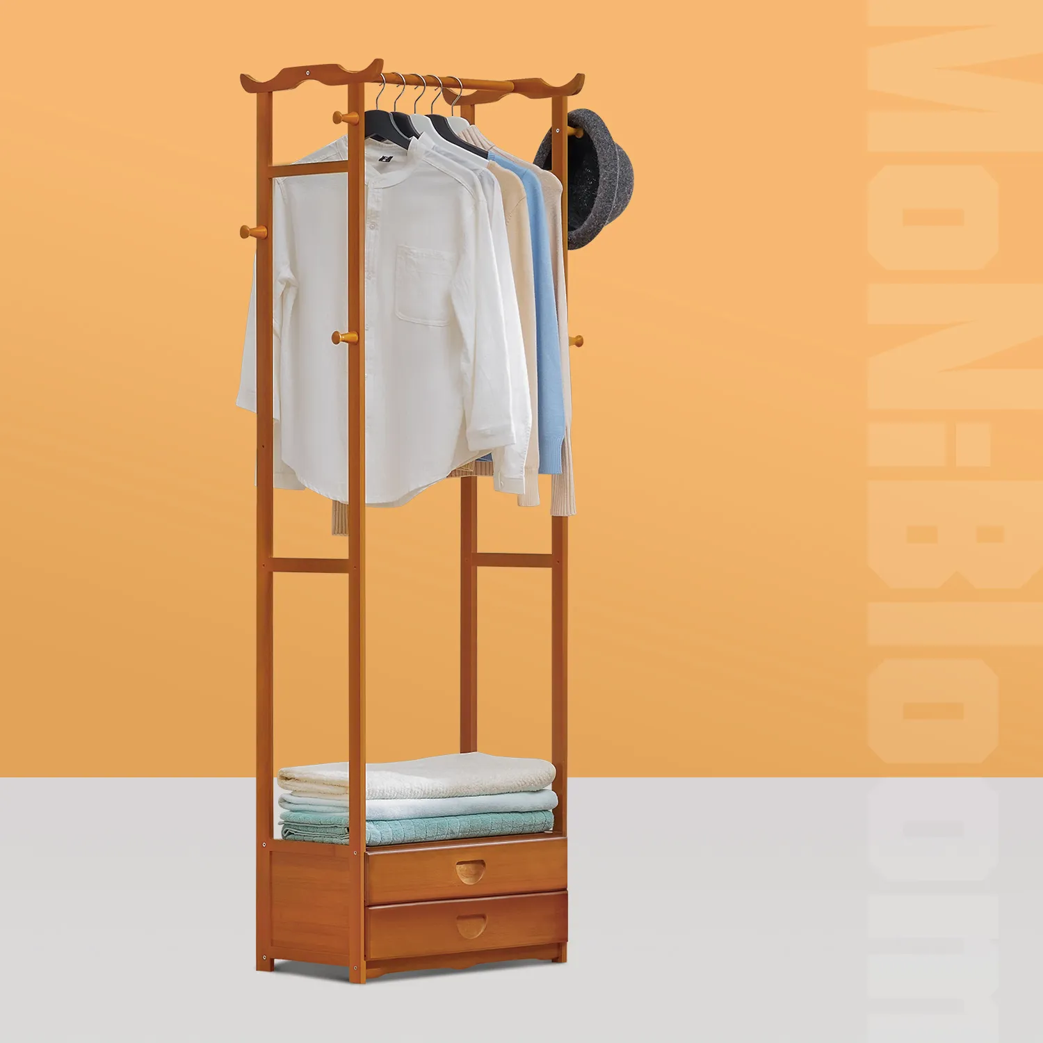 Double Drawer Garment Hanging Stand Rack - Brown