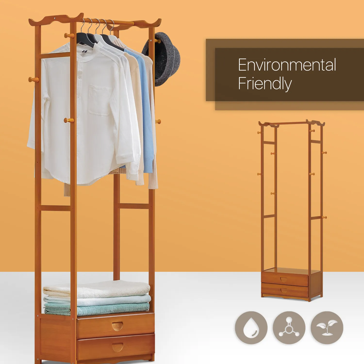 Double Drawer Garment Hanging Stand Rack - Brown