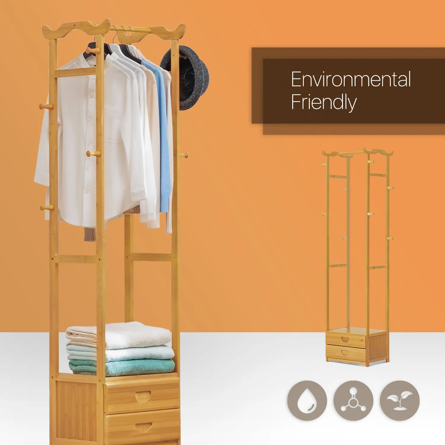 Double Drawer Garment Hanging Stand Rack - Natural