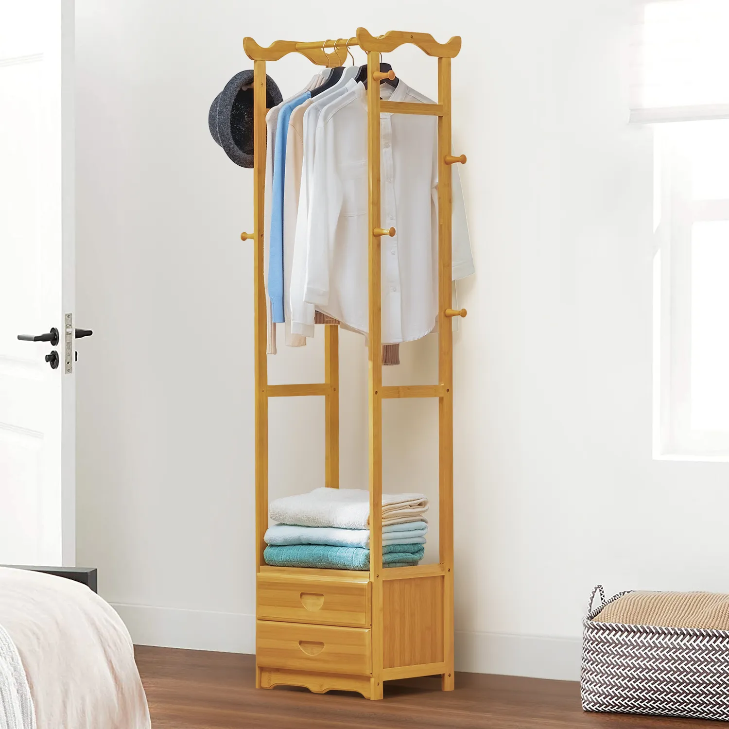 Double Drawer Garment Hanging Stand Rack - Natural