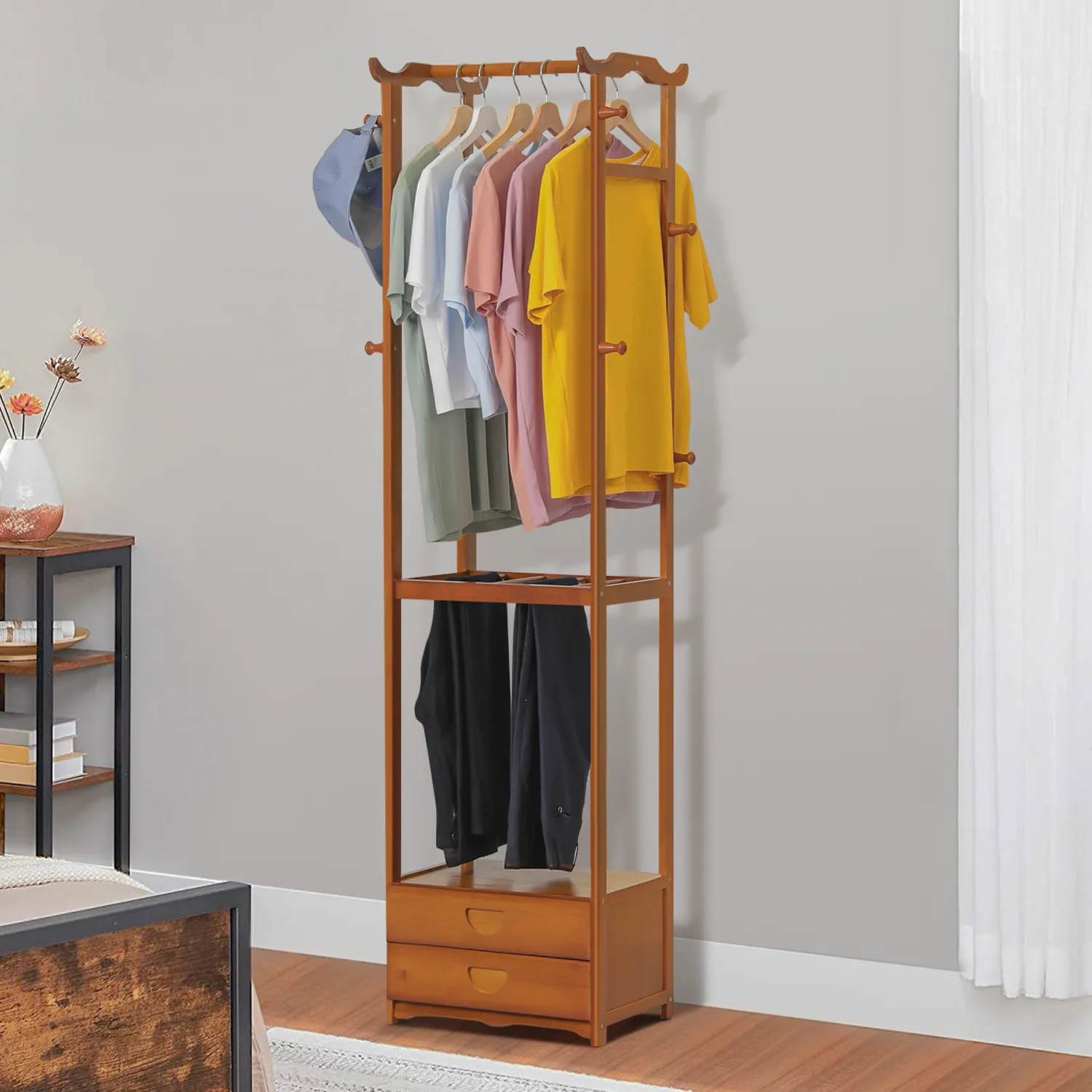 Double Drawer Garment Hanging Stand - with Pants Rack - Brown