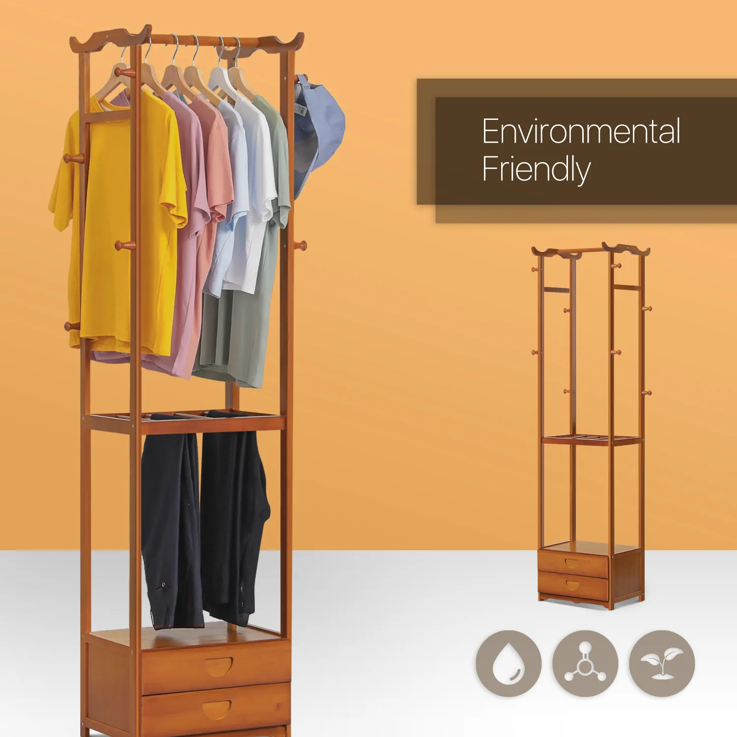 Double Drawer Garment Hanging Stand - with Pants Rack - Brown