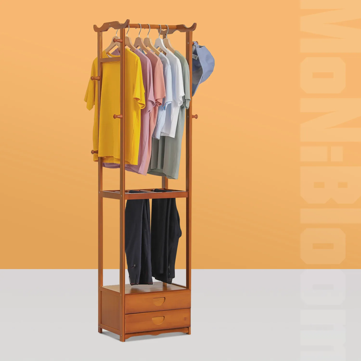 Double Drawer Garment Hanging Stand - with Pants Rack - Brown