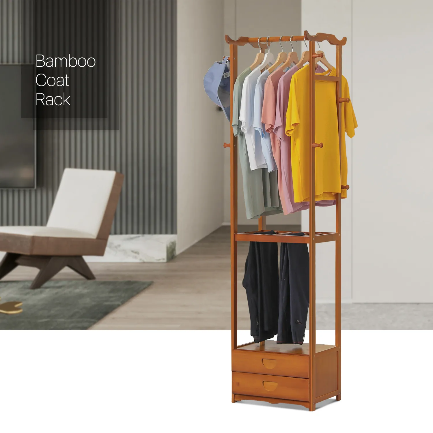 Double Drawer Garment Hanging Stand - with Pants Rack - Brown