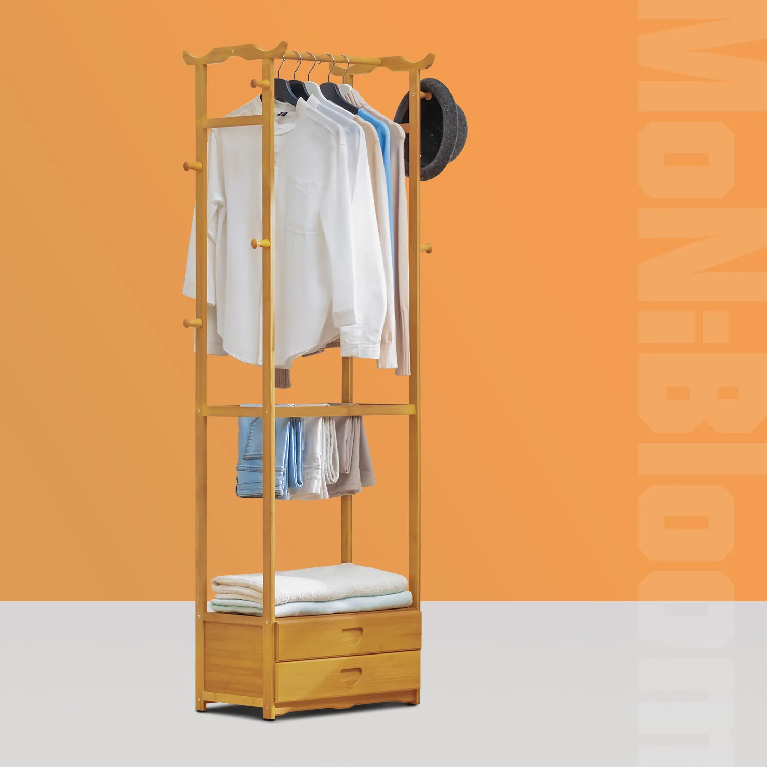 Double Drawer Garment Hanging Stand - with Pants Rack - Natural