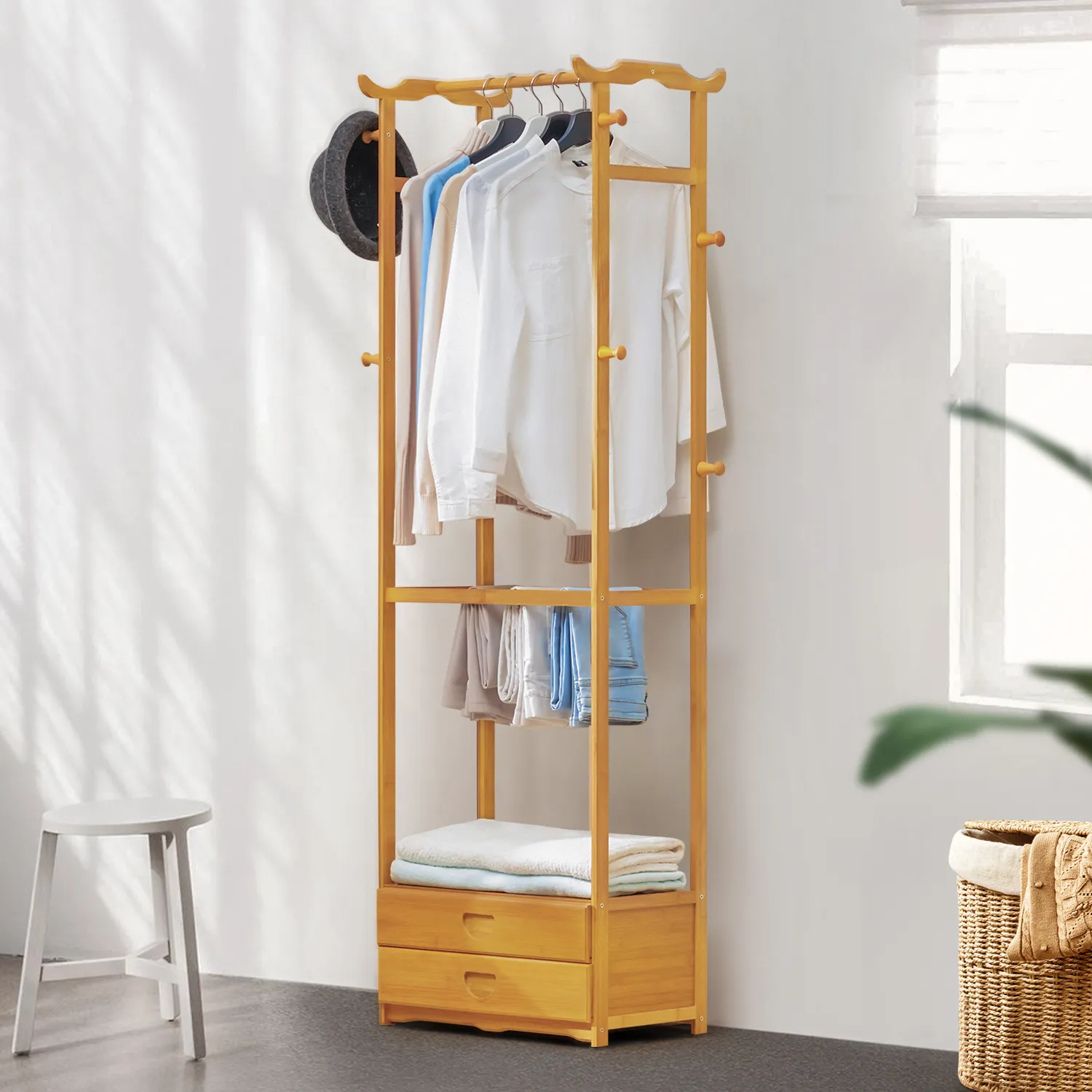 Double Drawer Garment Hanging Stand - with Pants Rack - Natural