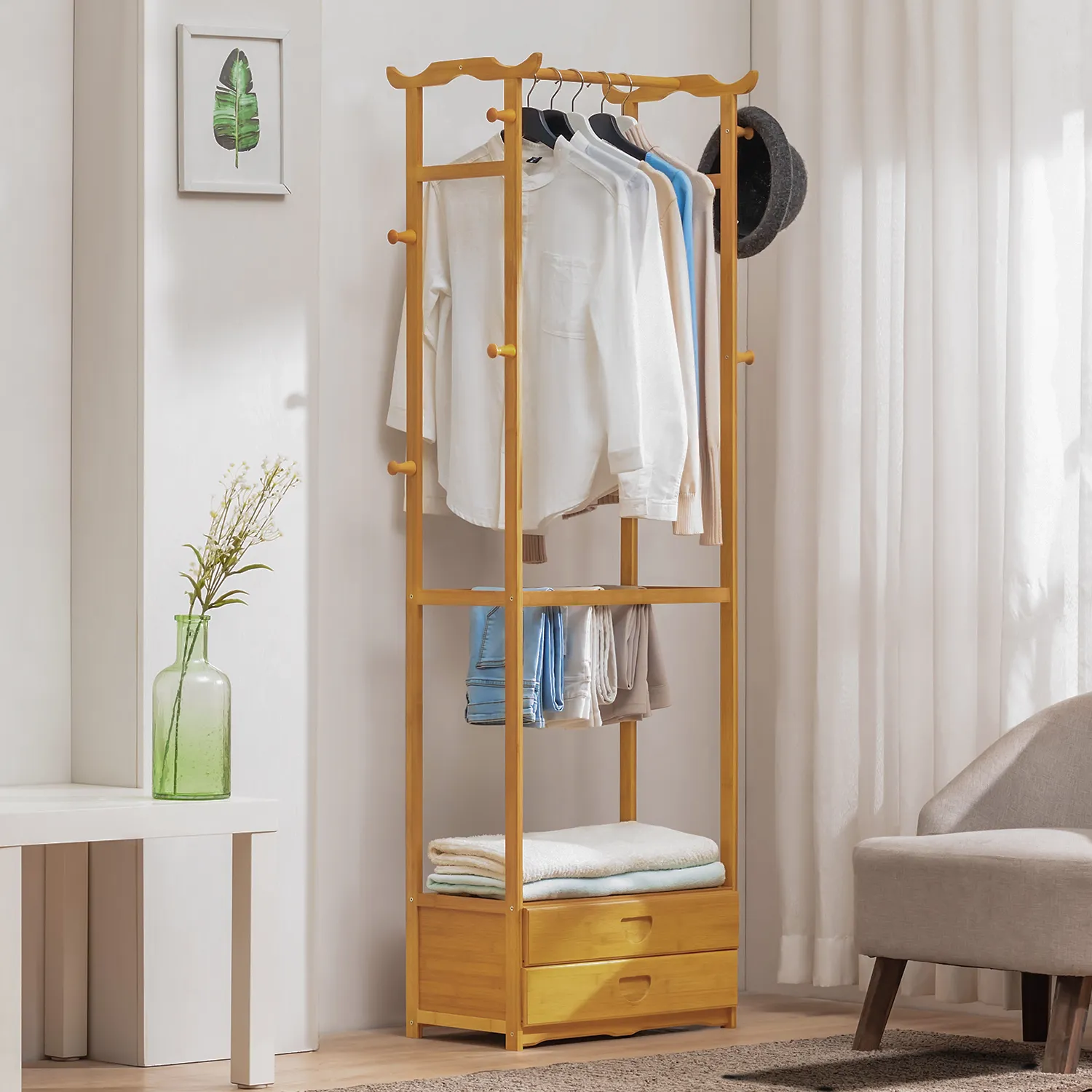 Double Drawer Garment Hanging Stand - with Pants Rack - Natural