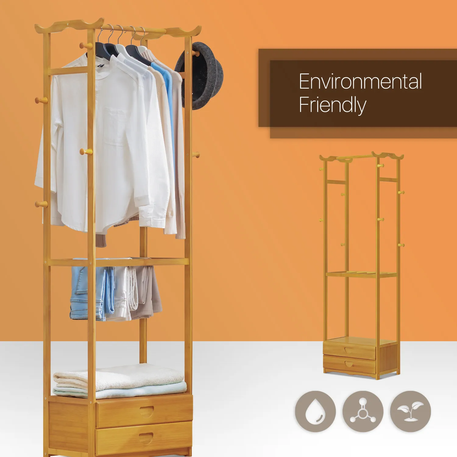 Double Drawer Garment Hanging Stand - with Pants Rack - Natural