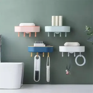 Double Layer Soap Box, Hanging Bathroom Soap Shower Soap Holder, Dish Storage Plate Tray Soap Box, Multifunctional Shelf Toilet Drain Soap Box with Plastic Hooks, Soap Dish Tray