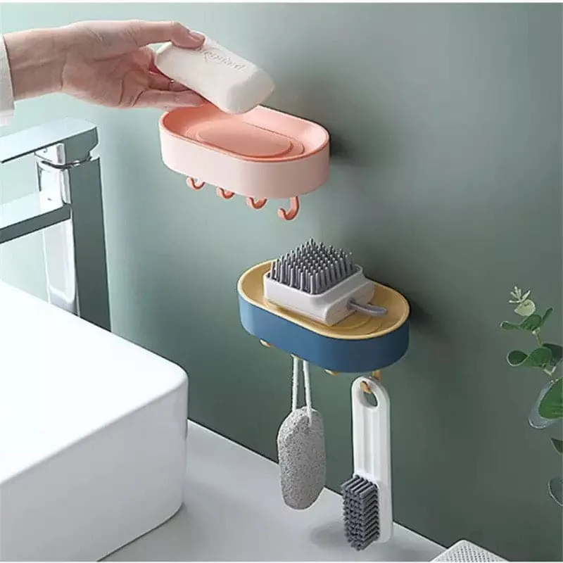 Double Layer Soap Box, Hanging Bathroom Soap Shower Soap Holder, Dish Storage Plate Tray Soap Box, Multifunctional Shelf Toilet Drain Soap Box with Plastic Hooks, Soap Dish Tray