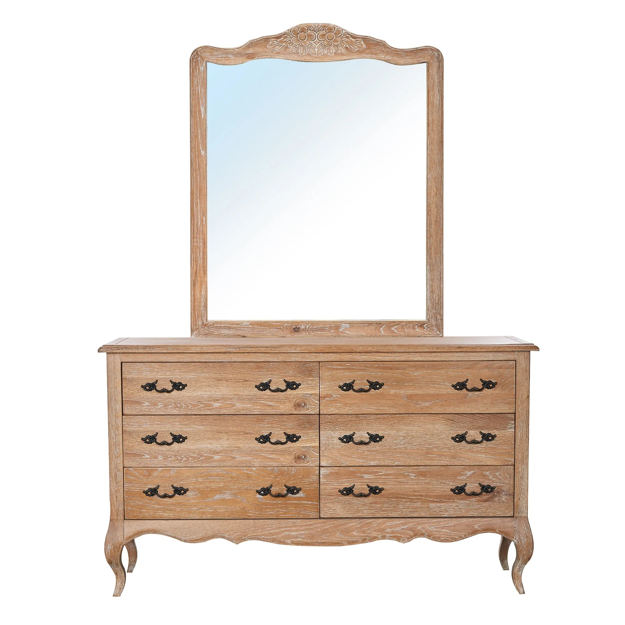 French Provincial 6-Drawer Dresser, Solid Oak Wood