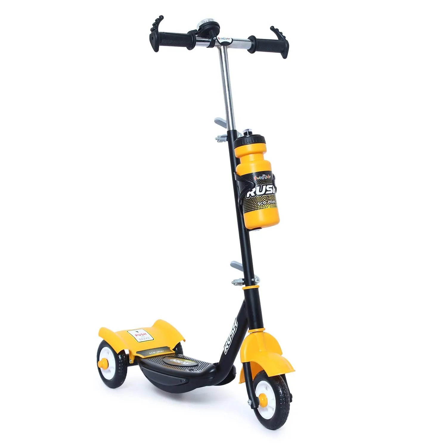 Fun Ride Funride Kids Scooter, Rush Three Wheel Kick Scooters for Boys & Girls with Sipper, Bell, Adjustable Height & Rear Brake, 3 Wheels Skate for Age 3-10 Years (Yellow)