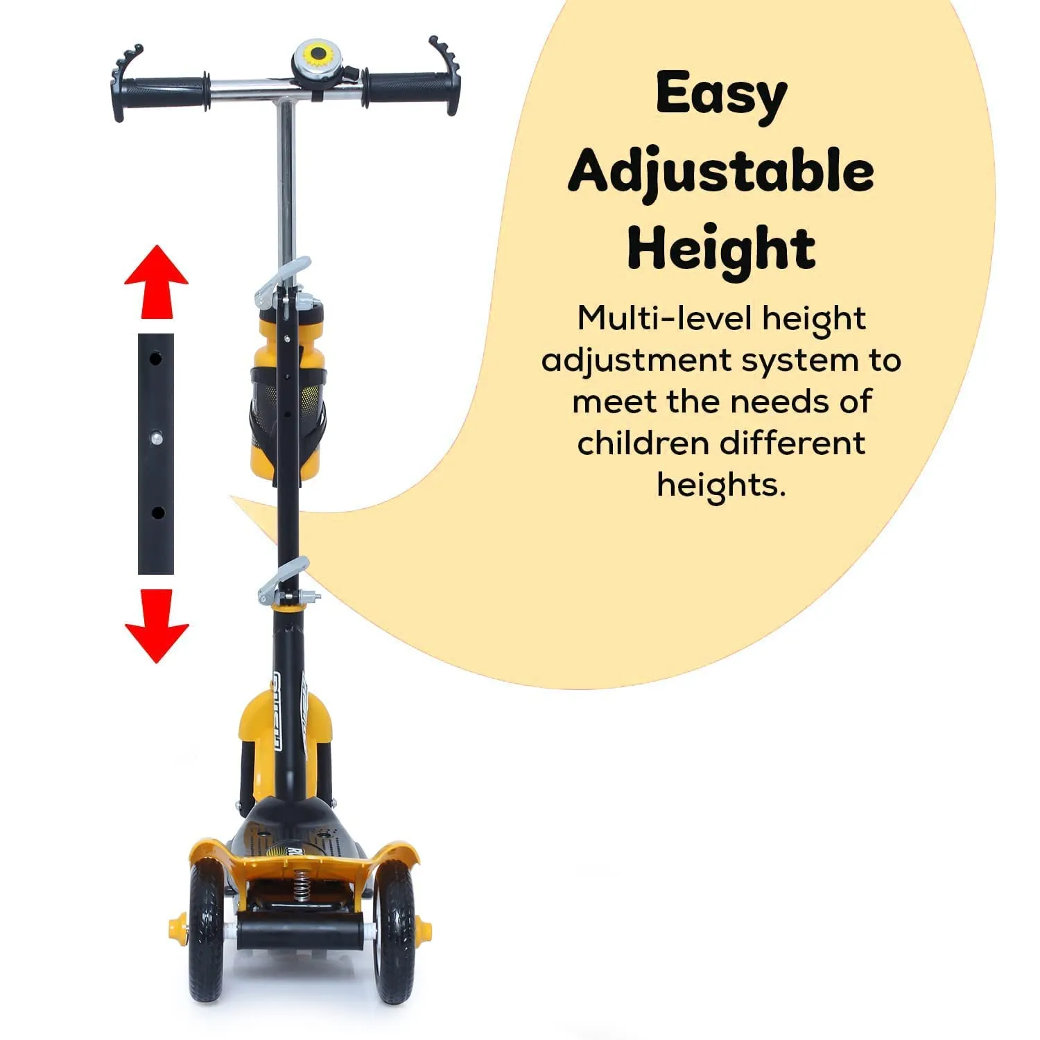 Fun Ride Funride Kids Scooter, Rush Three Wheel Kick Scooters for Boys & Girls with Sipper, Bell, Adjustable Height & Rear Brake, 3 Wheels Skate for Age 3-10 Years (Yellow)