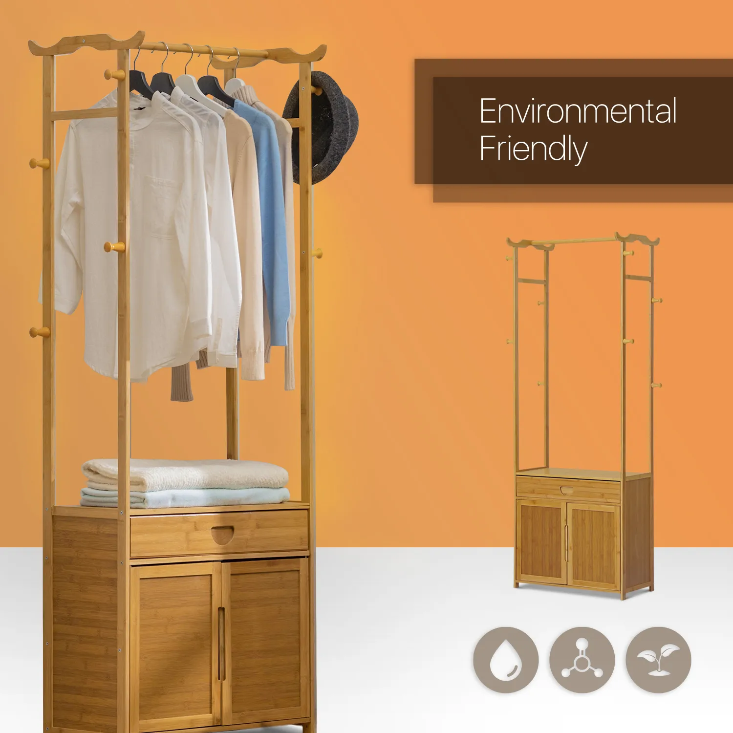 Garment Hanging Stand Rack - Double Door - with Drawer