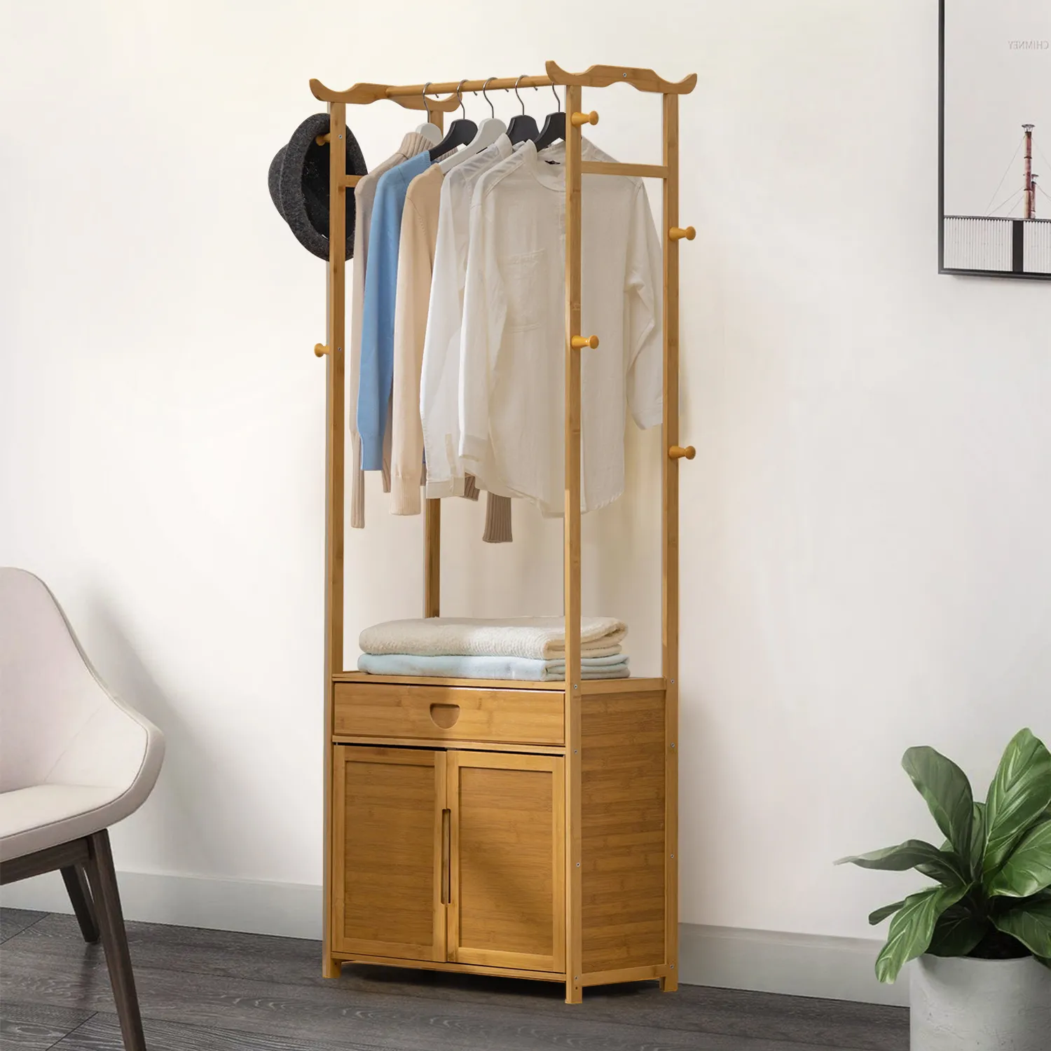 Garment Hanging Stand Rack - Double Door - with Drawer