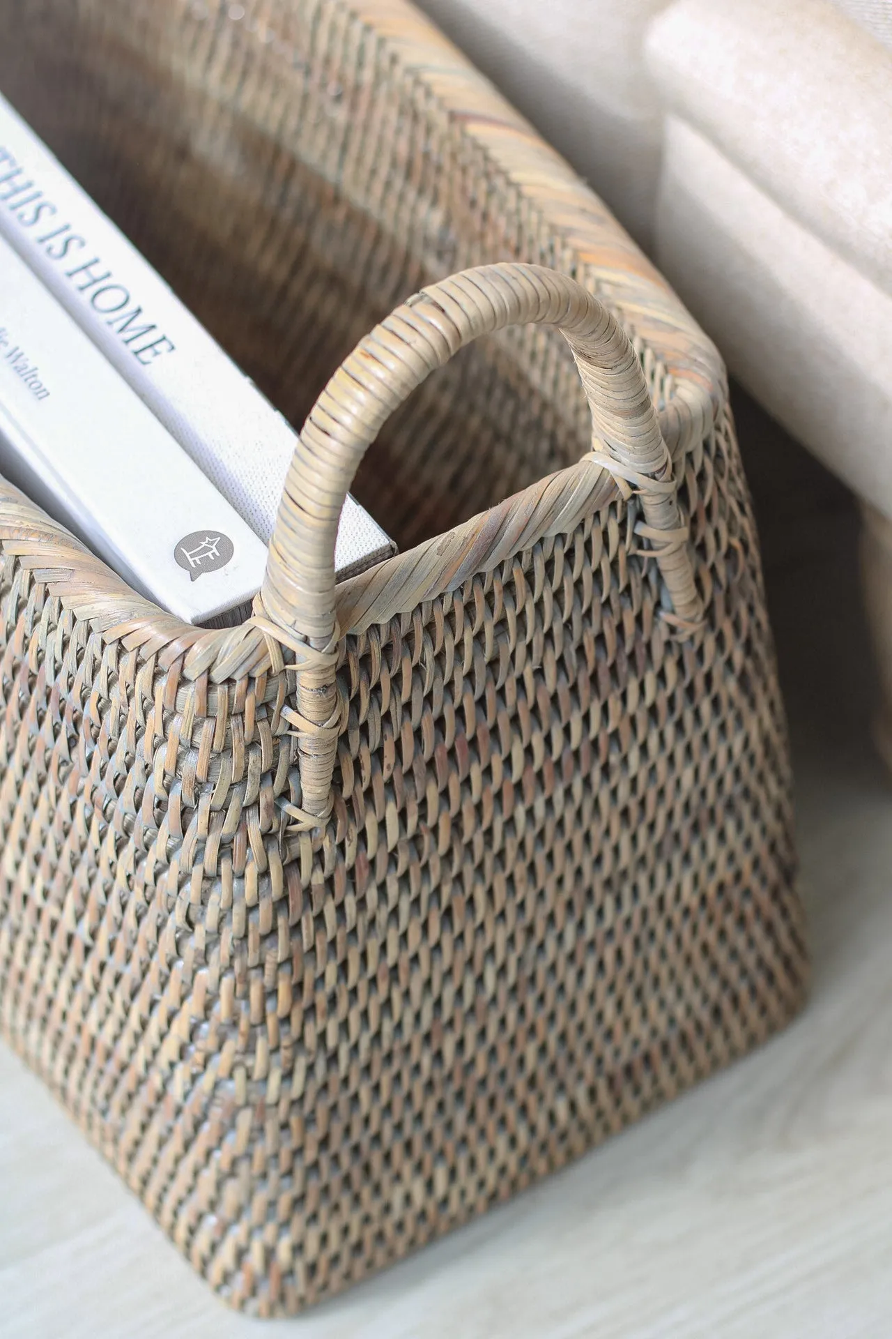 Grey Washed Rattan Storage Basket with Handles