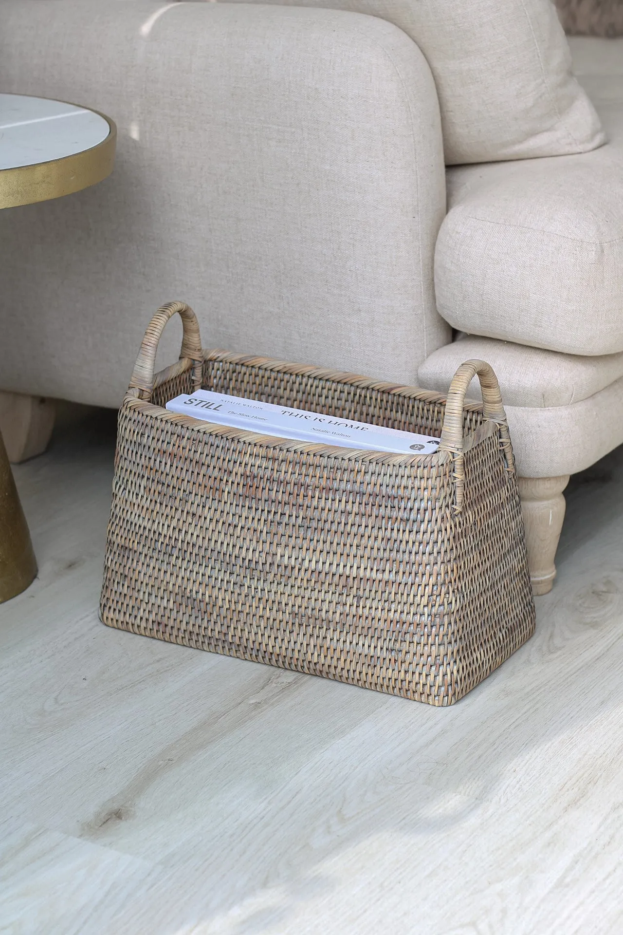 Grey Washed Rattan Storage Basket with Handles