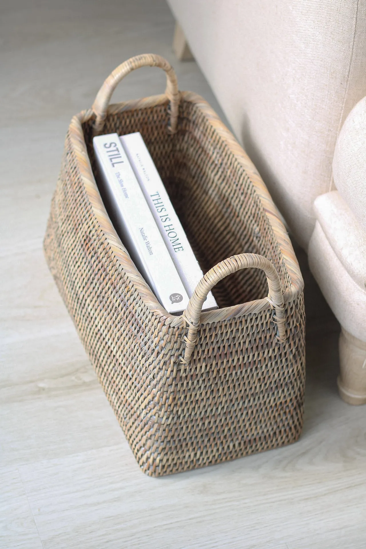 Grey Washed Rattan Storage Basket with Handles