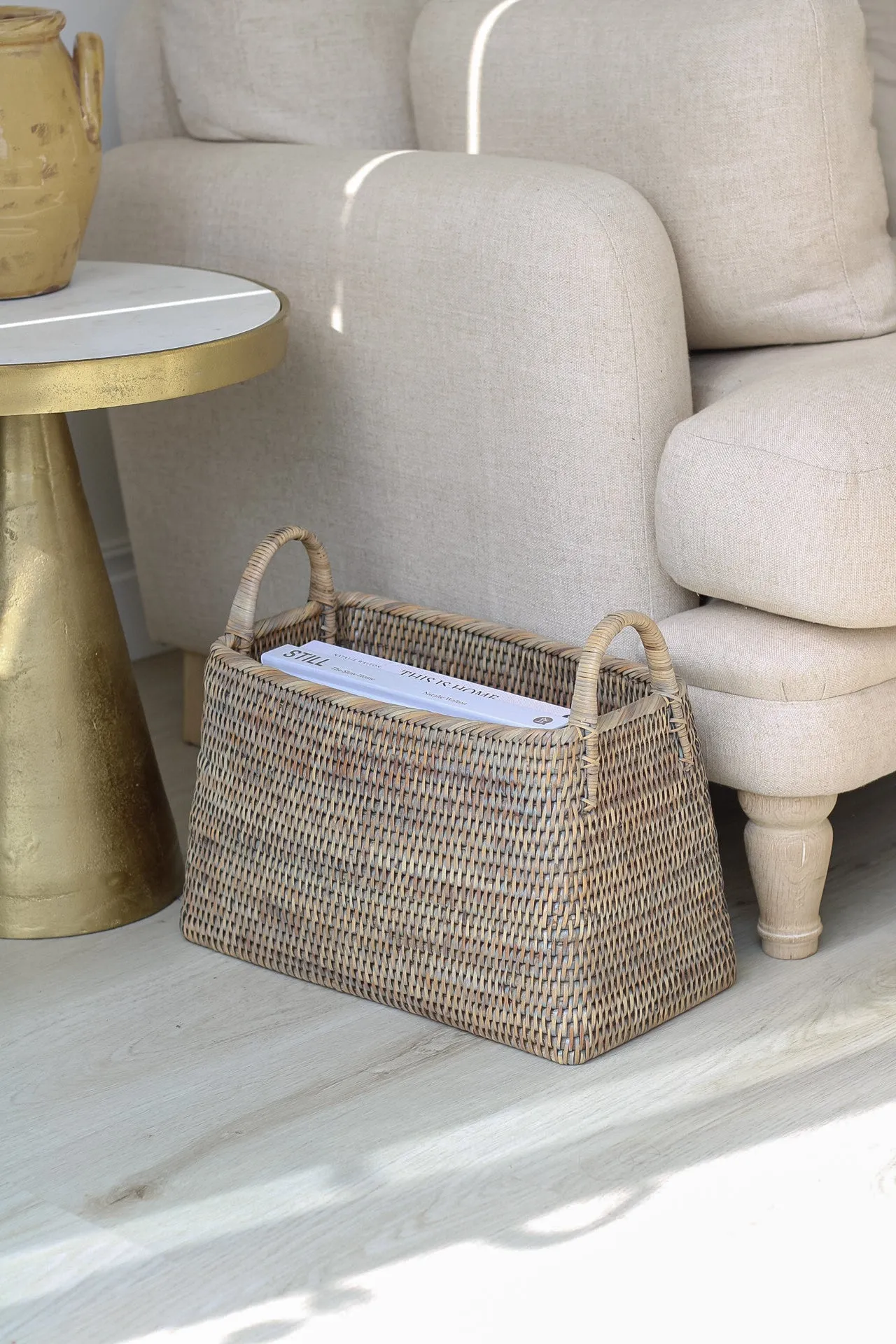 Grey Washed Rattan Storage Basket with Handles