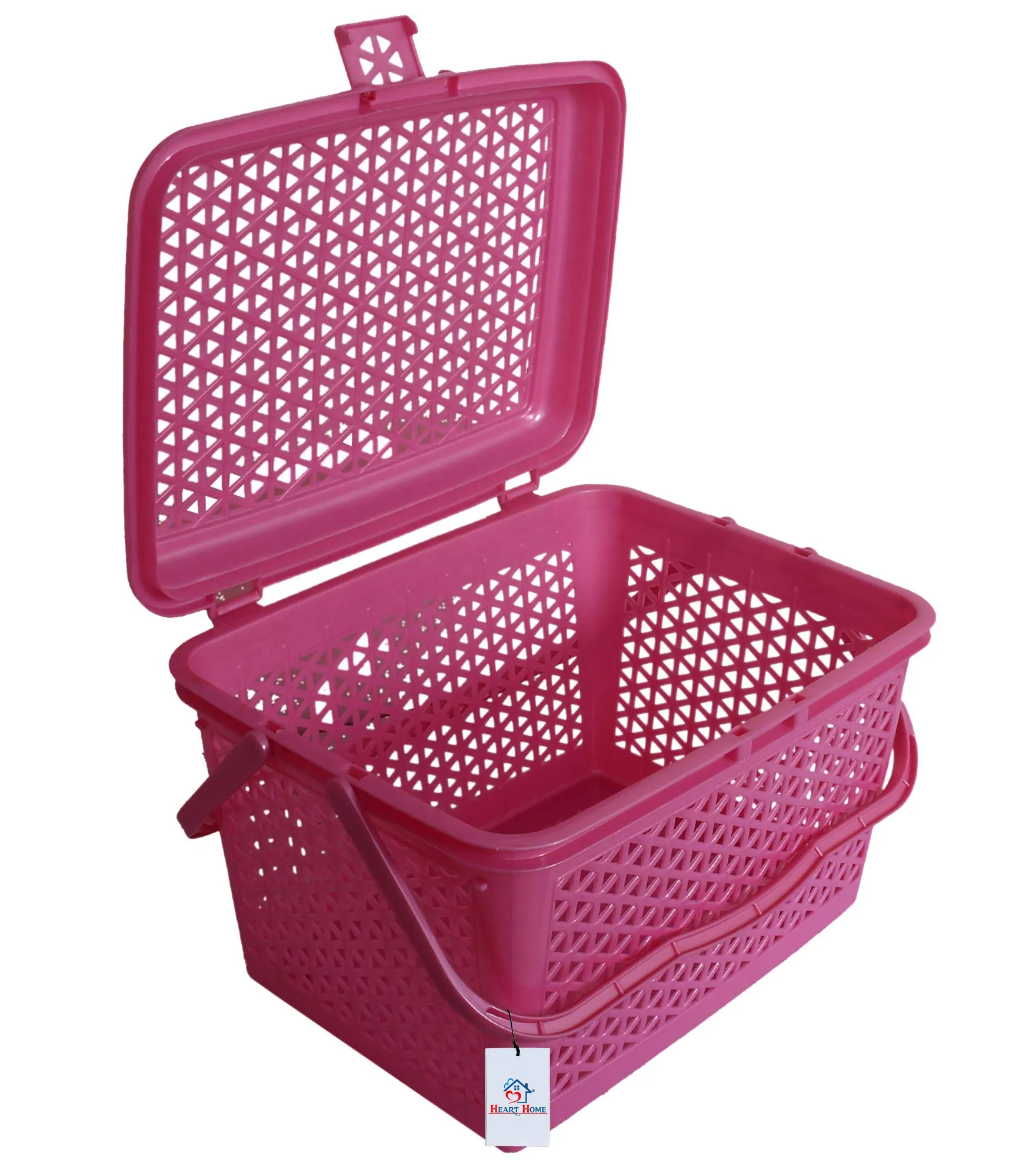 Heart Home Plastic Trendy Shopping Storage Basket Bin with Handles for Shower, Closet, Kitchen, Garden, Bathroom, Toys (Pink, Small)