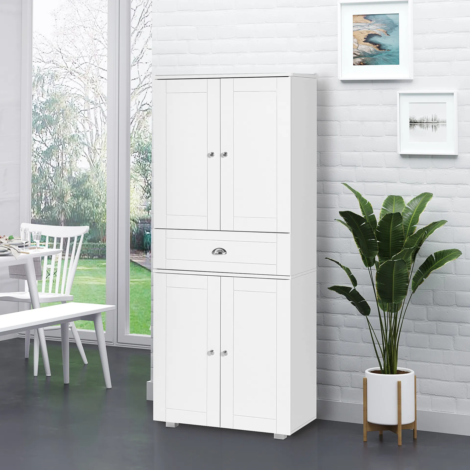 HOMCOM Freestanding Tall Kitchen Cupboard Storage Cabinet with Adjustable Shelves and Drawer, White - Perfect for Dining and Living Room