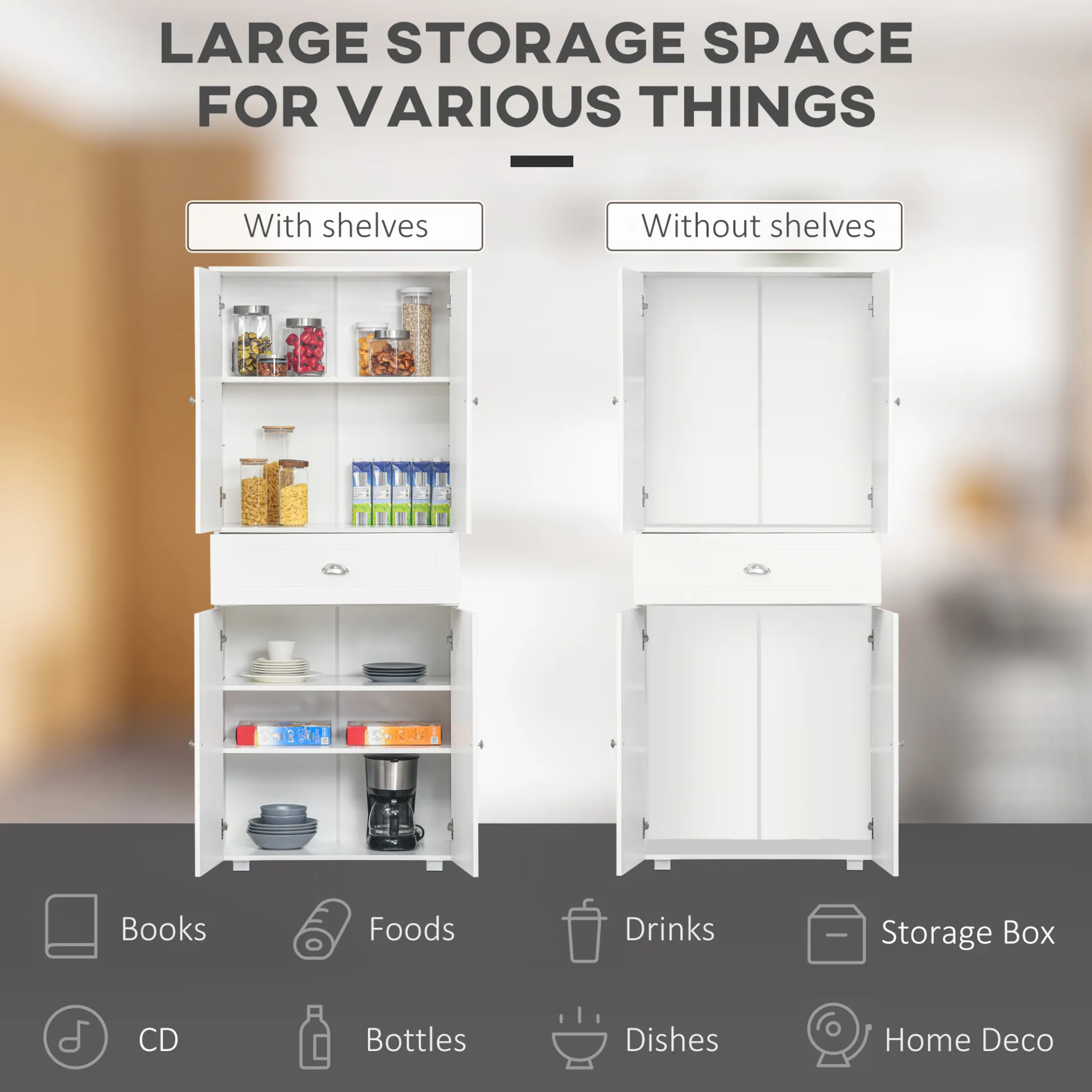 HOMCOM Freestanding Tall Kitchen Cupboard Storage Cabinet with Adjustable Shelves and Drawer, White - Perfect for Dining and Living Room