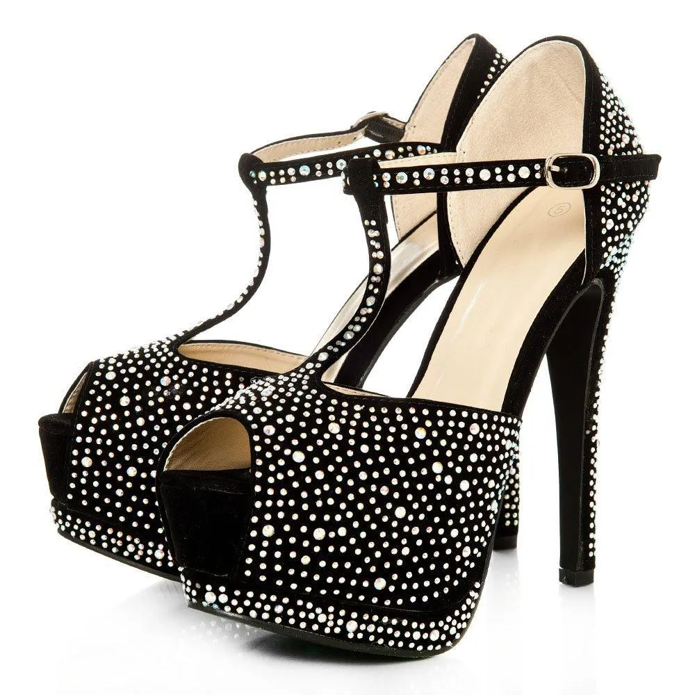 Hope Peep Toe T-Bar Concealed Platform Stiletto High Heeled Diamante Sandal