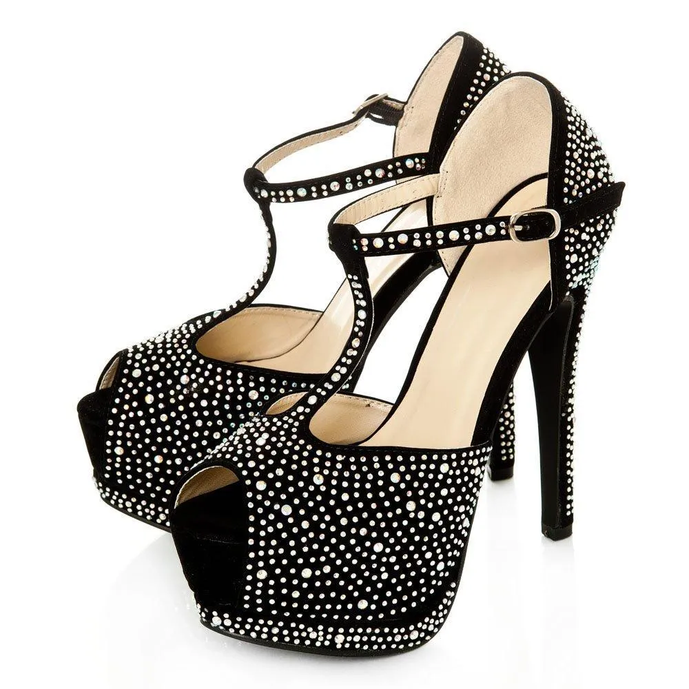 Hope Peep Toe T-Bar Concealed Platform Stiletto High Heeled Diamante Sandal