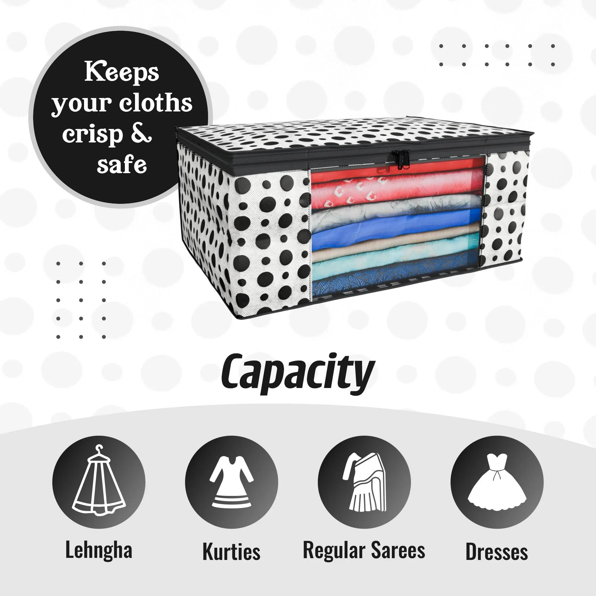 Kuber Industries Clothes Organizer For Wardrobe (Pack of 6) - Storage Organizer For Saree | Shirts | Salwar Kameez - Dress Organizer For Wardrobe - Saree Covers With Zip (Polka Dots) (Black and White)