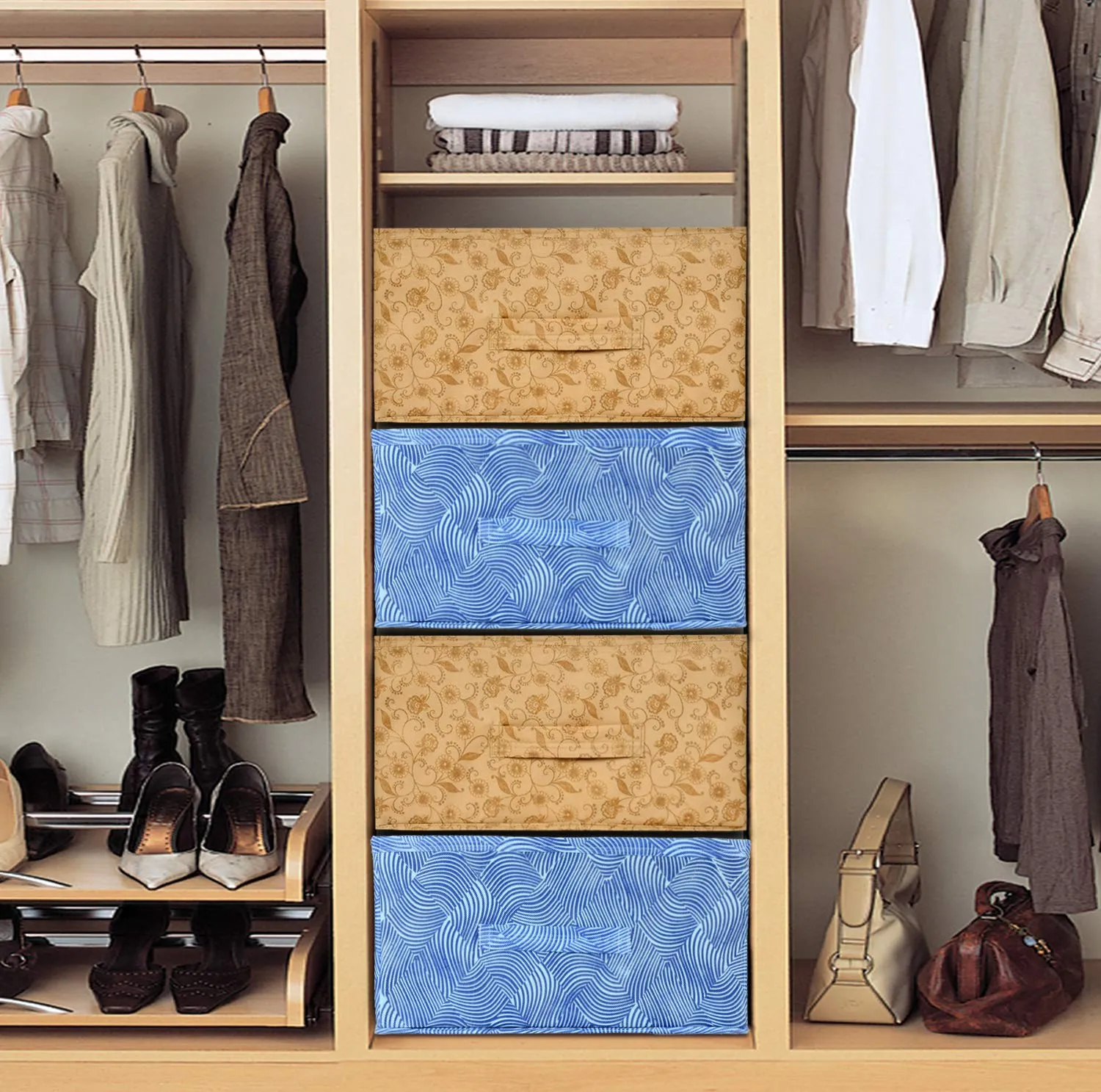 Kuber Industries Laheriya Metalic Print Non Woven Fabric 4-Replacement Drawer Storage And Cloth Organizer Unit for Closet (Blue & Beige)-KUBMART16002