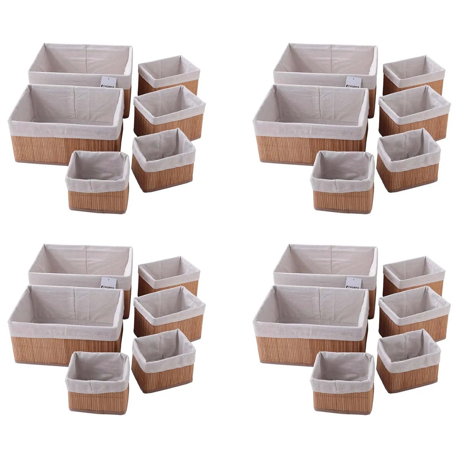 Kuber Industries Pack of 24 Bamboo Storage Basket With Liner|Fodable Storage Organizer|Box For Cloth, Toiletry, Bathroom|Capacity 14.9L, 10.5L, 3.5L, 1.9L|Natural|