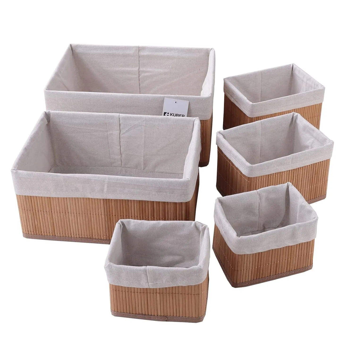 Kuber Industries Pack of 24 Bamboo Storage Basket With Liner|Fodable Storage Organizer|Box For Cloth, Toiletry, Bathroom|Capacity 14.9L, 10.5L, 3.5L, 1.9L|Natural|