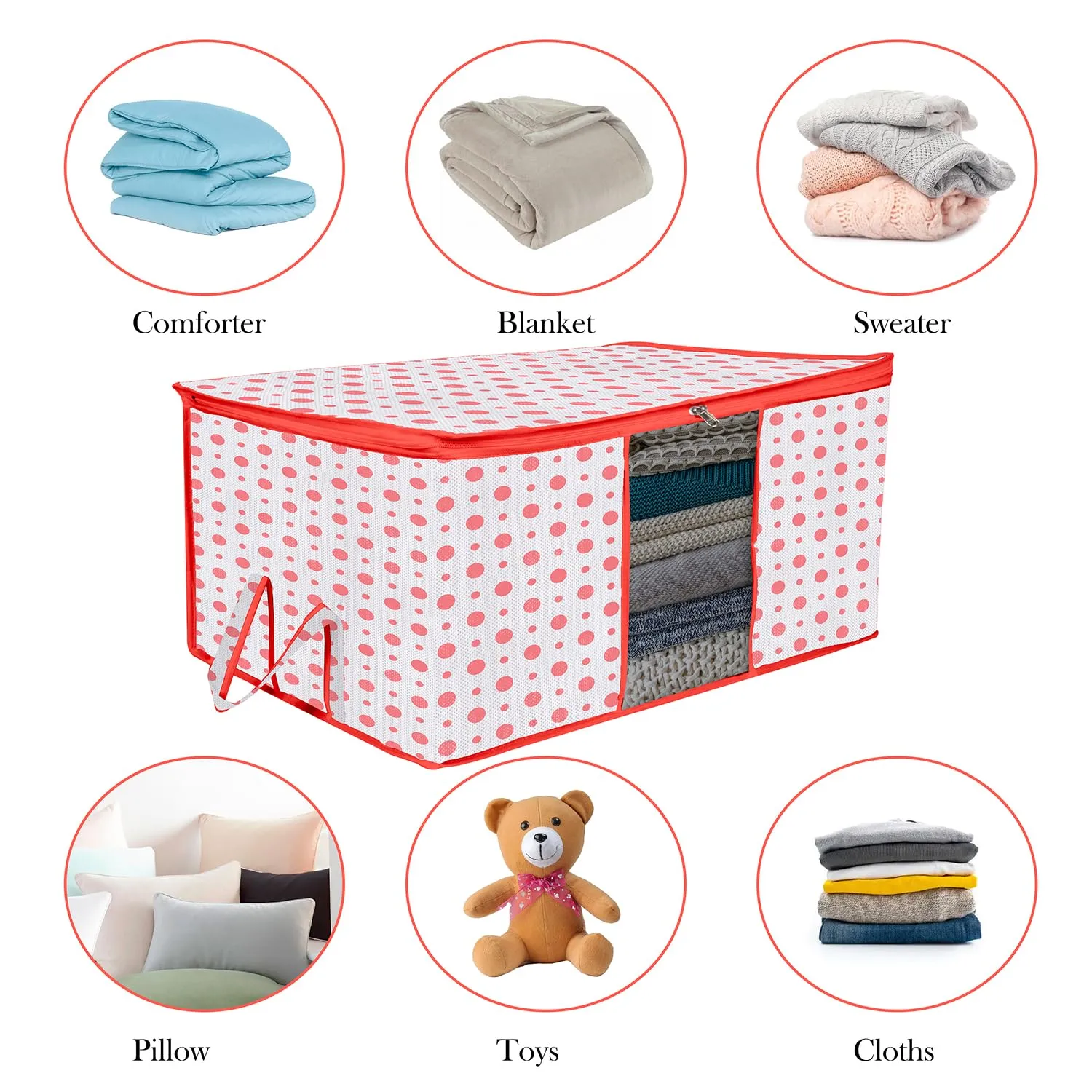 Kuber Industries Underbed Storage Bag | Clothes Storage Organizer | Blanket Cover with Clear Window | Zipper Closure & Handle Cloth Organizer | Dot-Design | Large | Pack of 4 | Red