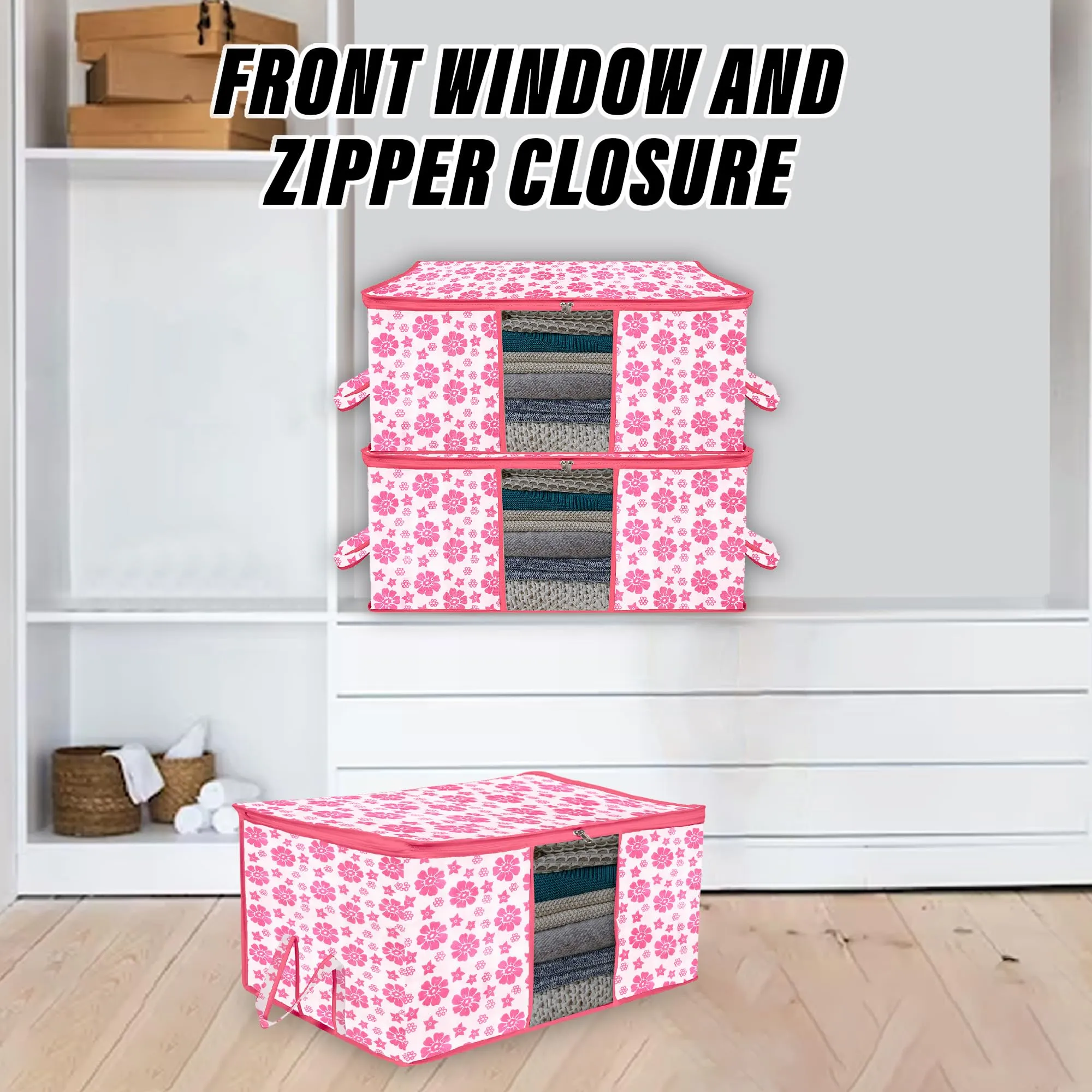 Kuber Industries Underbed Storage Bag | Clothes Storage Organizer | Blanket Cover with Clear Window | Zipper Closure & Handle Cloth Organizer | Flower-Design | Large | Pack of 2 | Pink