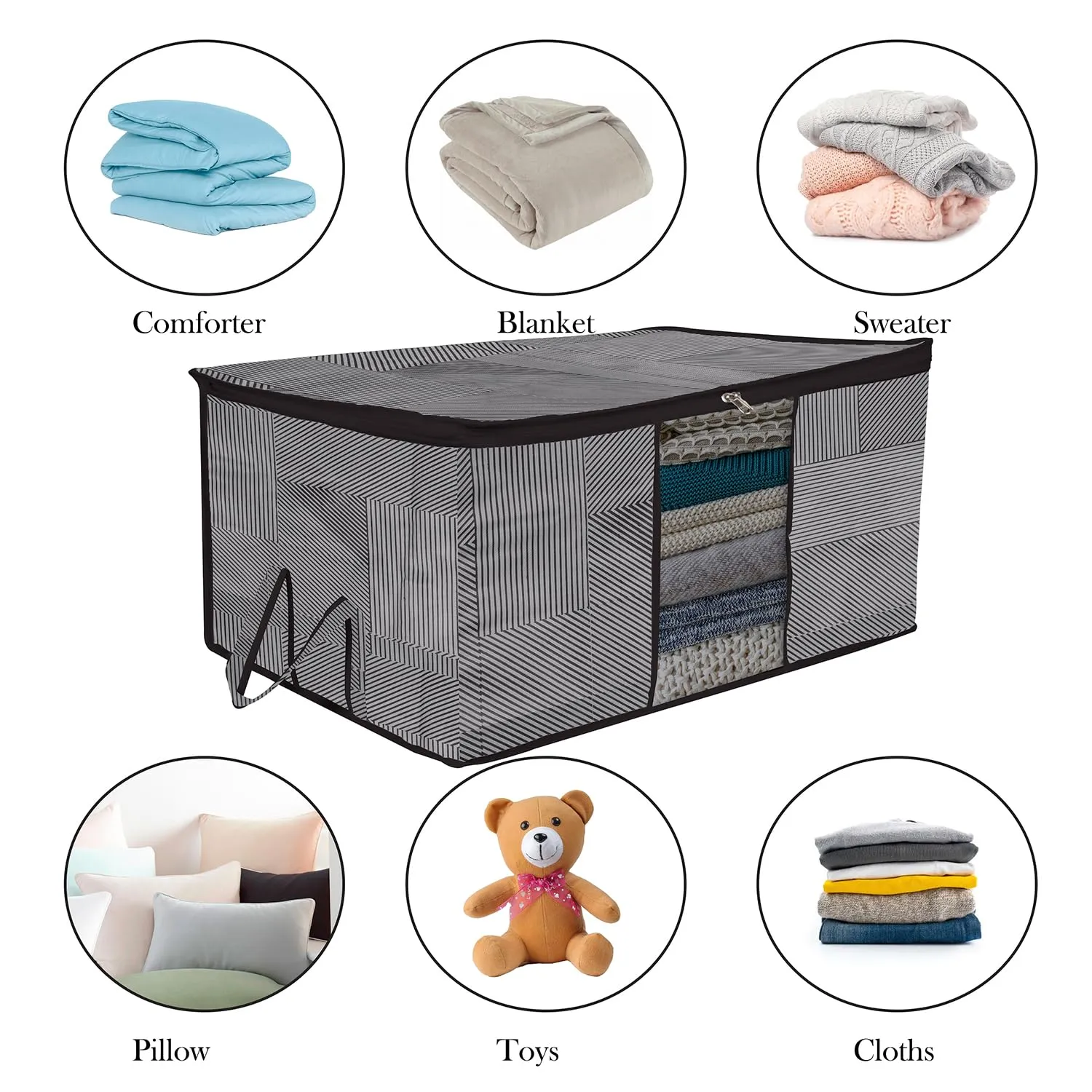 Kuber Industries Underbed Storage Bag | Clothes Storage Organizer | Blanket Cover with Clear Window | Zipper Closure & Handle Cloth Organizer | Lining-Design | Large | Pack of 2 | Gray